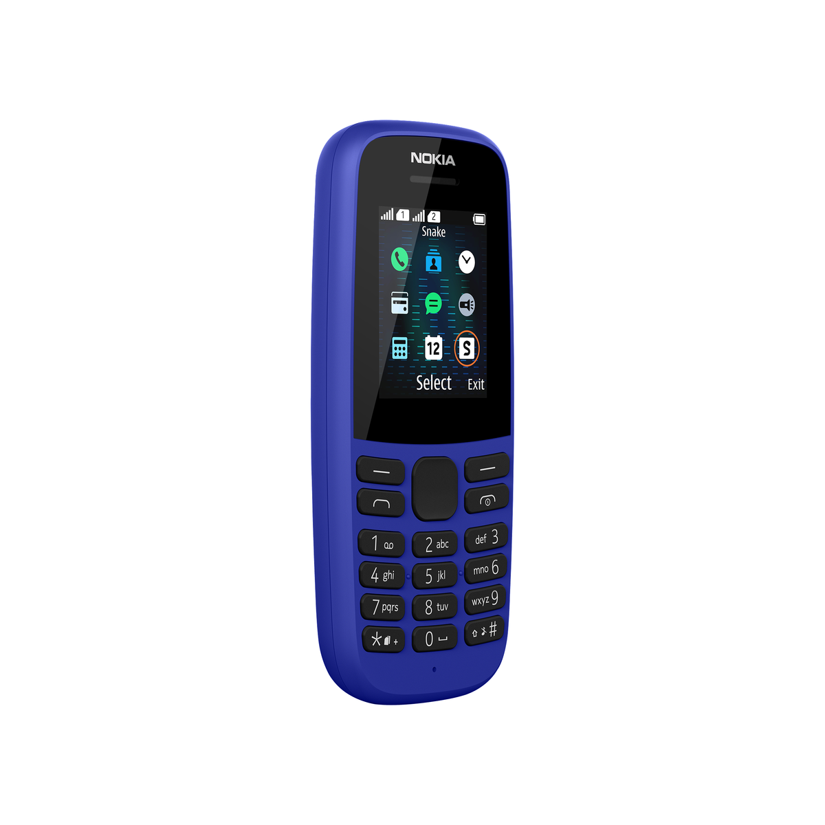 Blaues Nokia-Telefon, zeigt den Bildschirm mit Symbolen und eine Tastatur. Nokia-Logo ist sichtbar.