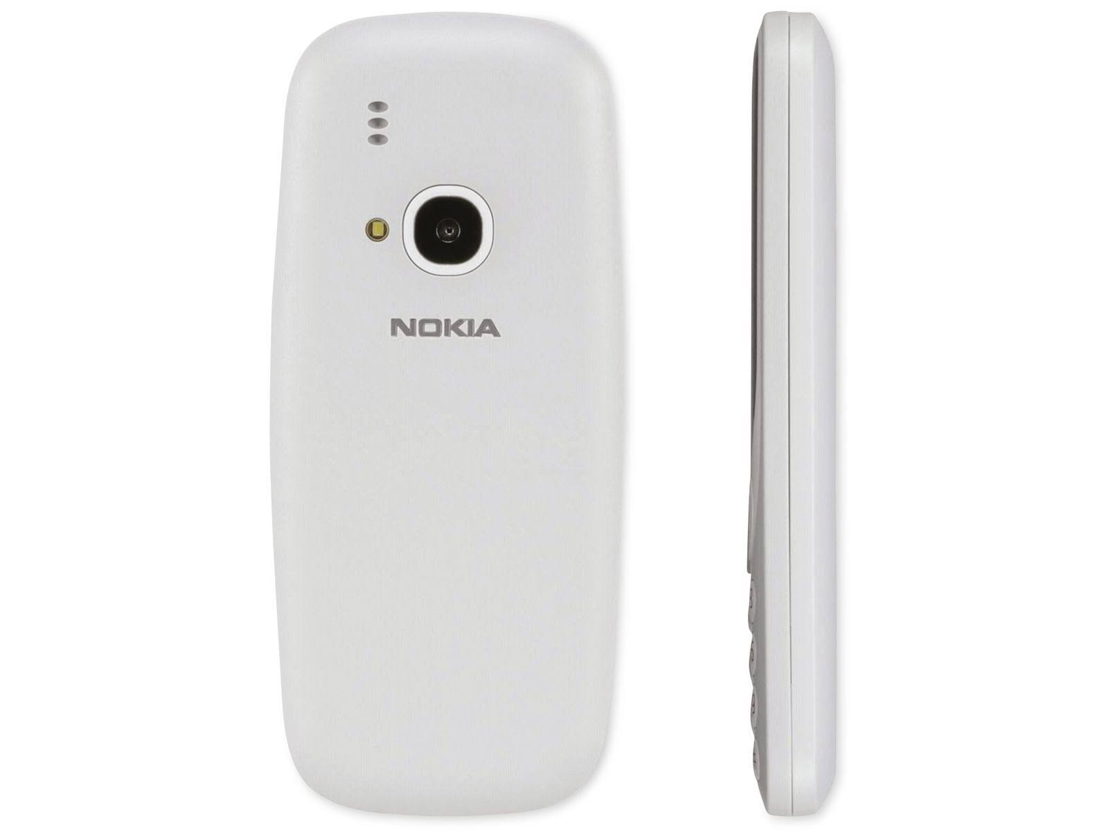 Biały telefon Nokia, widok z tyłu i z boku, na białym tle.