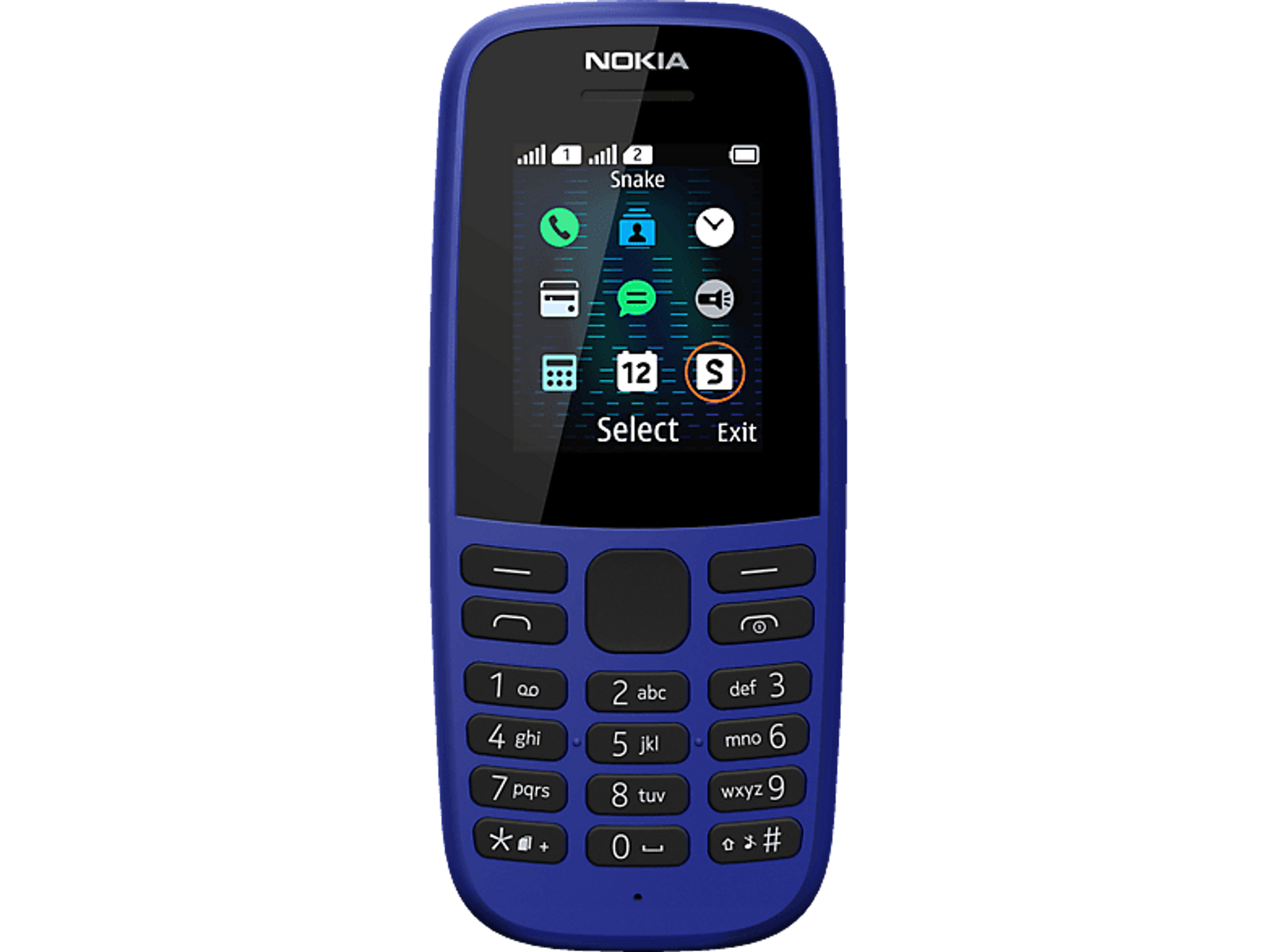 Blaues Nokia-Telefon mit Tastatur und Bildschirm mit App-Symbolen. Das Nokia-Logo ist sichtbar.