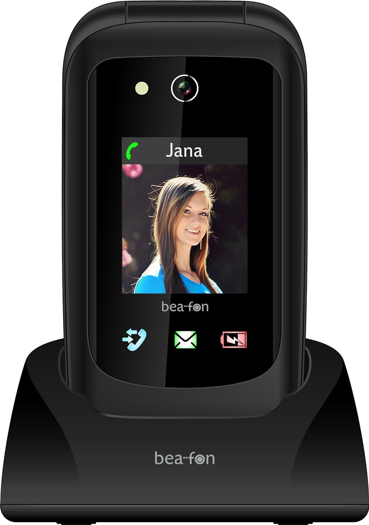 Teléfono con tapa negro con foto de mujer en la pantalla y en una base de carga.