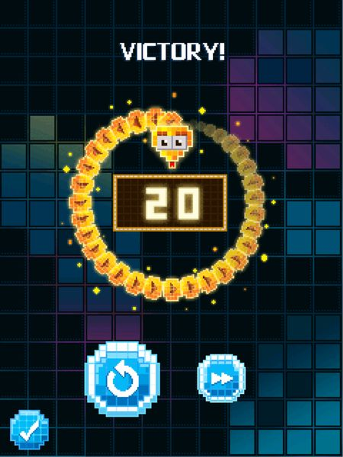 Spikselowany ekran gry pokazujący grę w węża po wygranej.