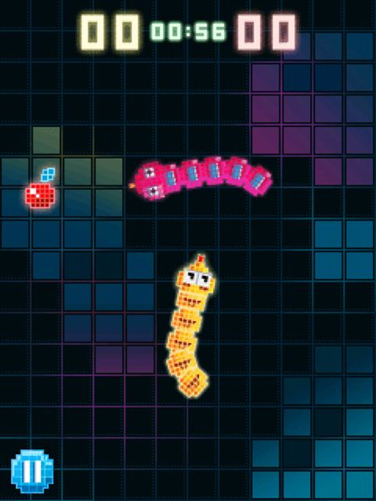 Zrzut ekranu z pikselowej gry w węża. Różowe i żółte węże rywalizują.