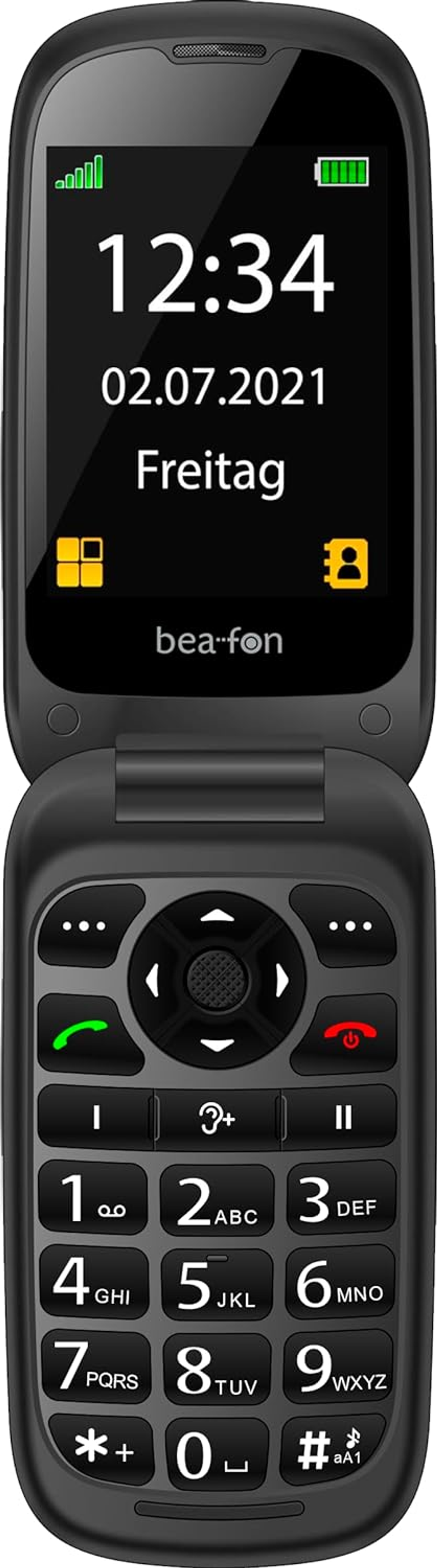 Un teléfono plegable negro que muestra un reloj, fecha y hora.