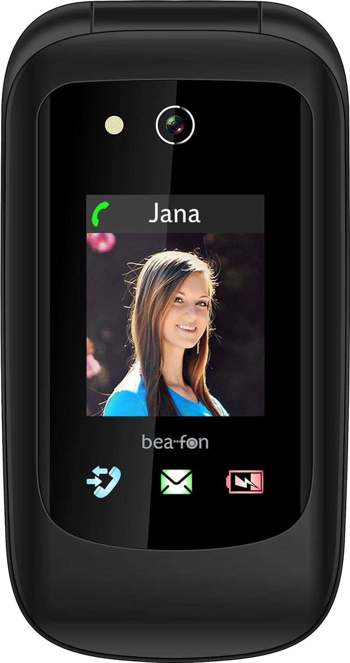 Teléfono plegable negro abierto, mostrando a Jana en la pantalla.