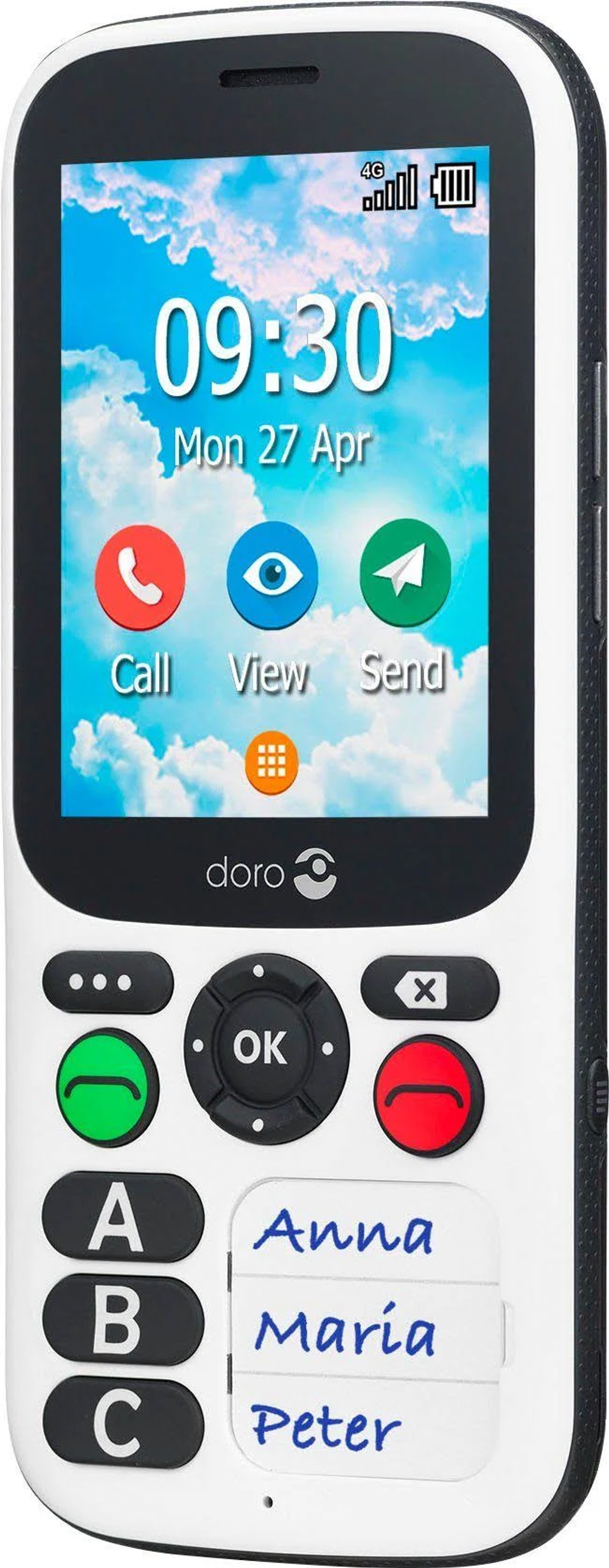 Teléfono blanco para personas mayores con botones grandes, pantalla y lista de nombres.