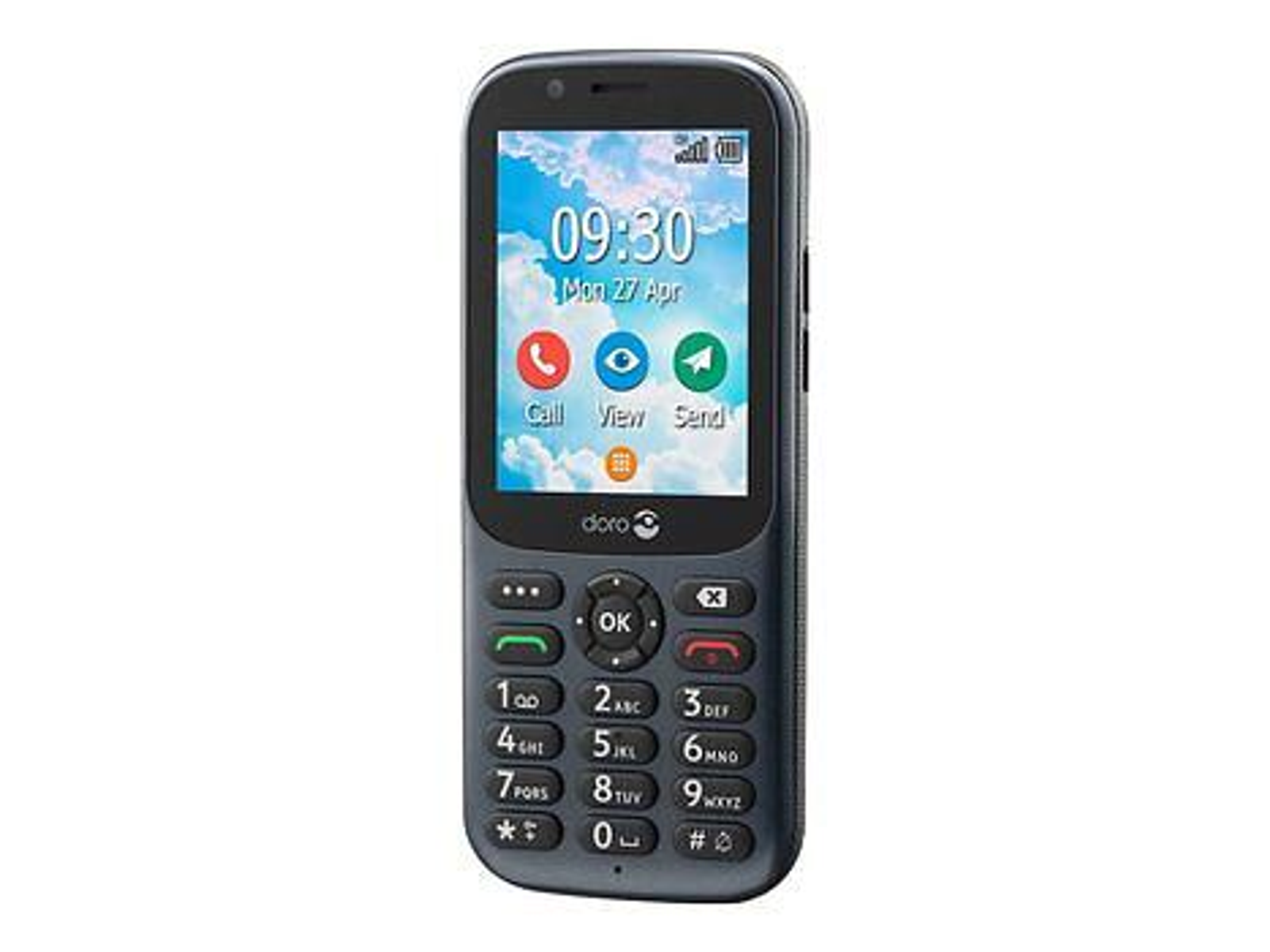 Un telefono Doro grigio scuro. Lo schermo mostra l'ora, la data e le icone per chiamare, visualizzare e inviare.