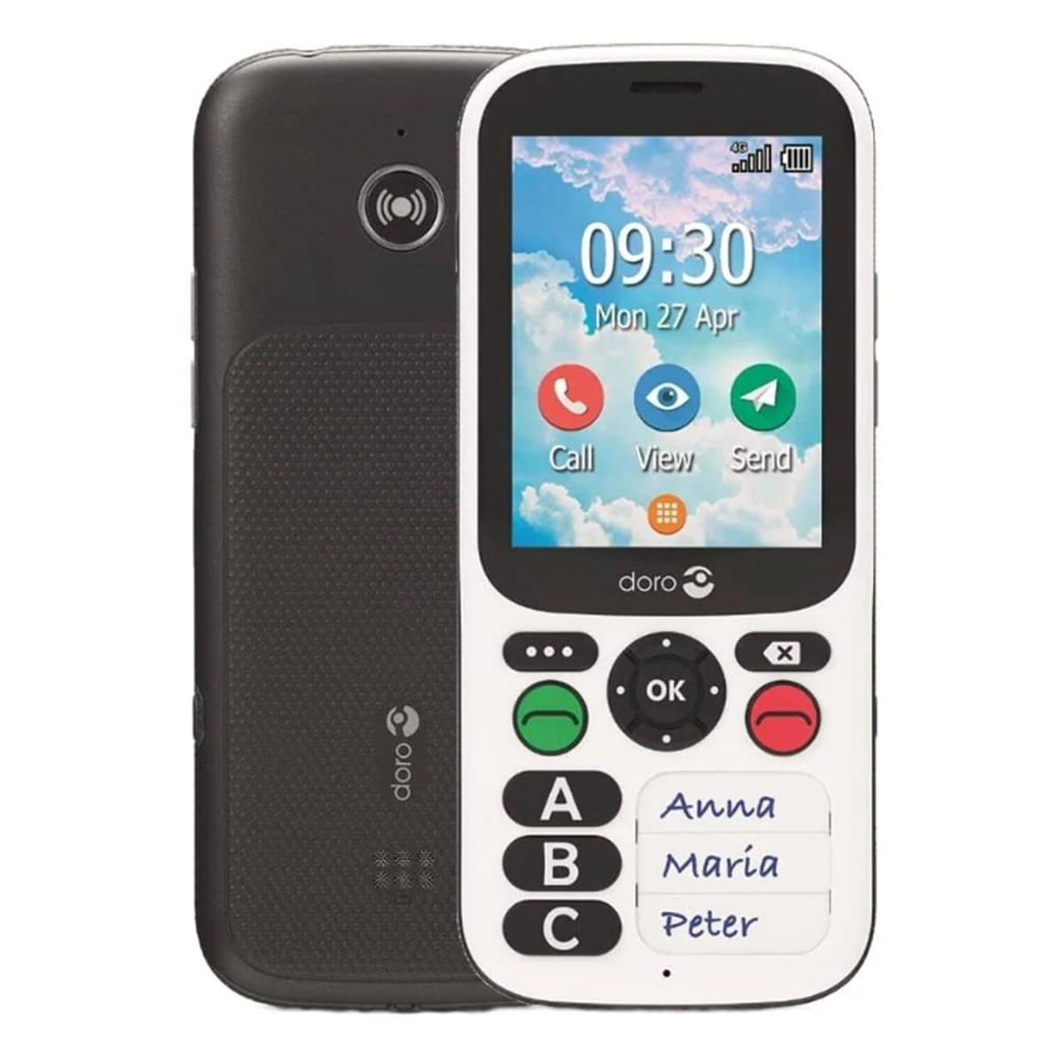 Un teléfono Doro blanco y negro con una pantalla grande que muestra la hora.