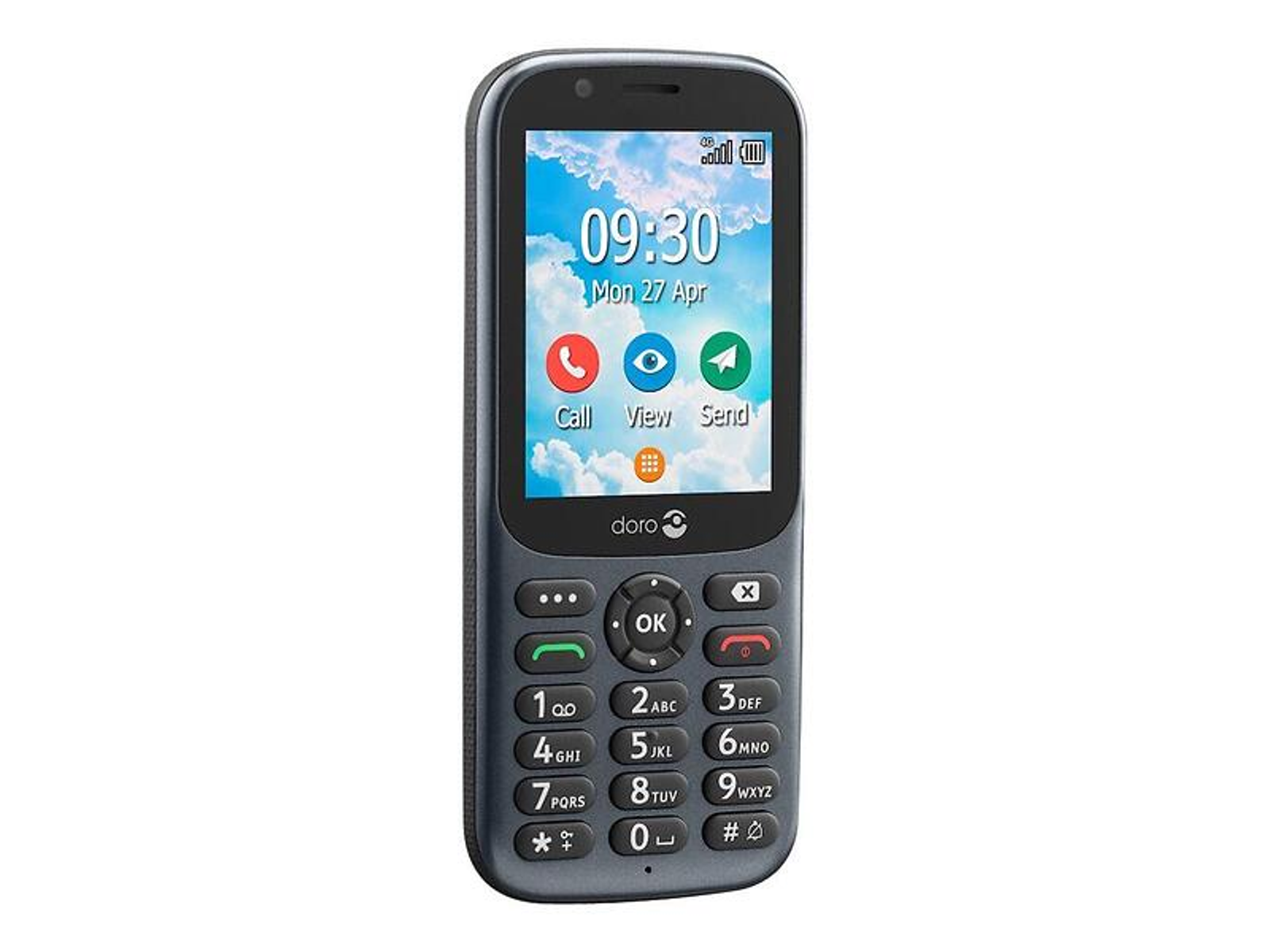 Un telefono Doro grigio scuro con uno schermo che mostra l'ora, la data e le icone per chiamare, visualizzare e inviare.