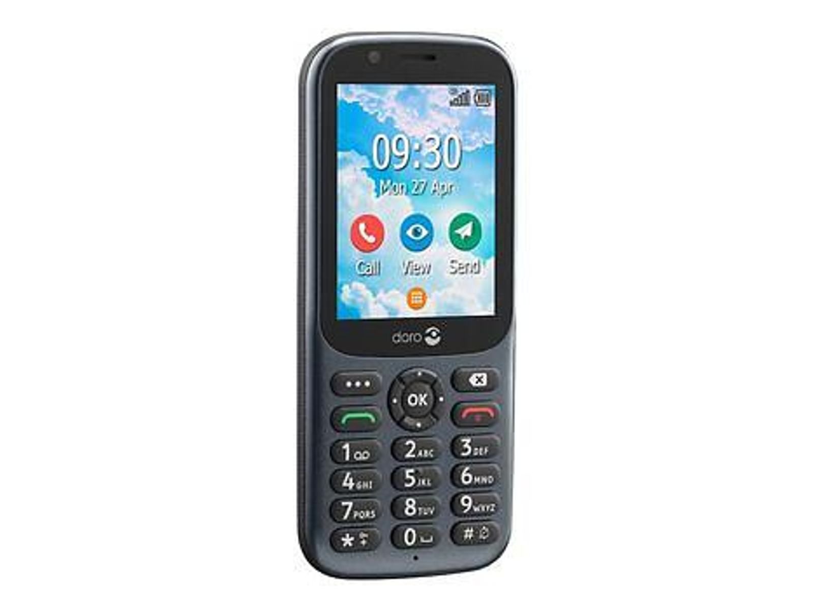 Un telefono Doro grigio scuro con uno schermo che mostra l'ora, la data e le icone per chiamare, visualizzare e inviare.