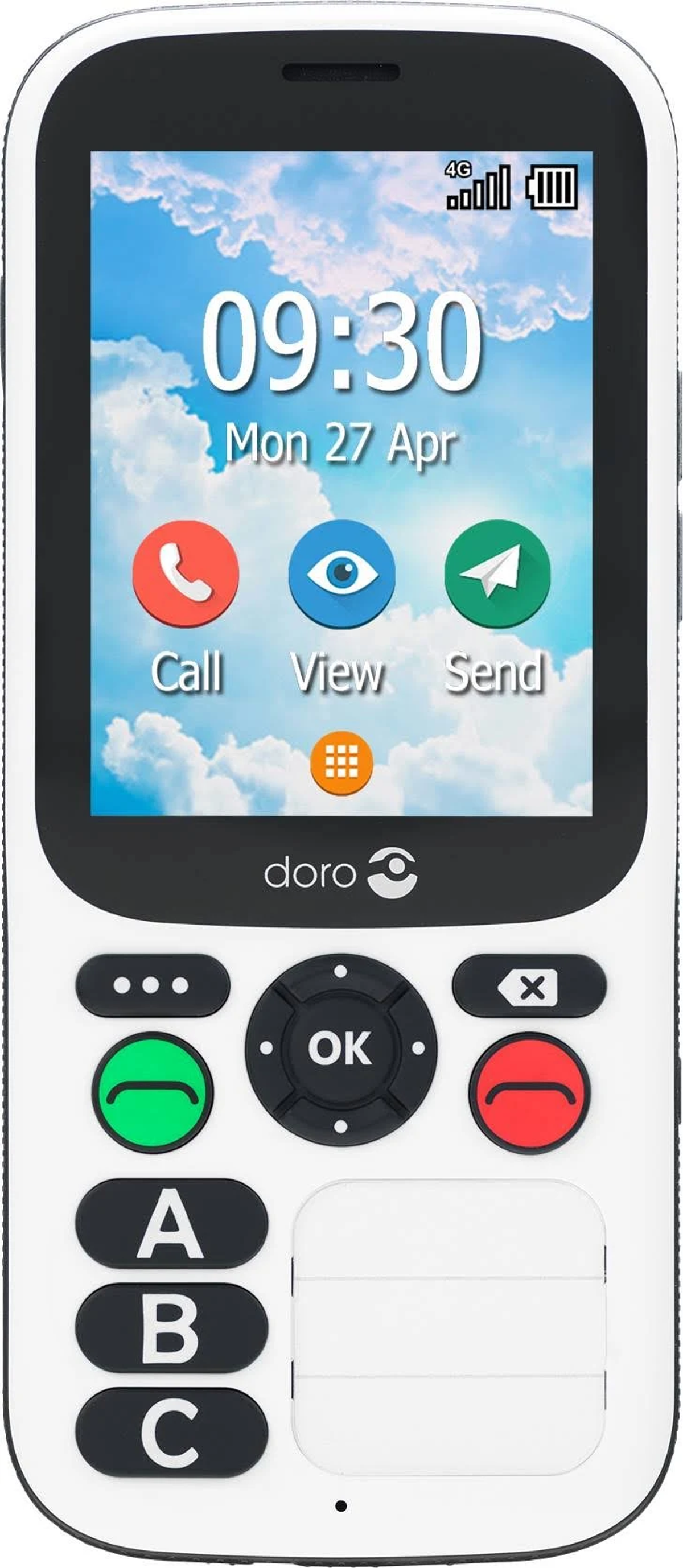 Teléfono móvil blanco con pantalla grande mostrando una pantalla de inicio. Varios botones.
