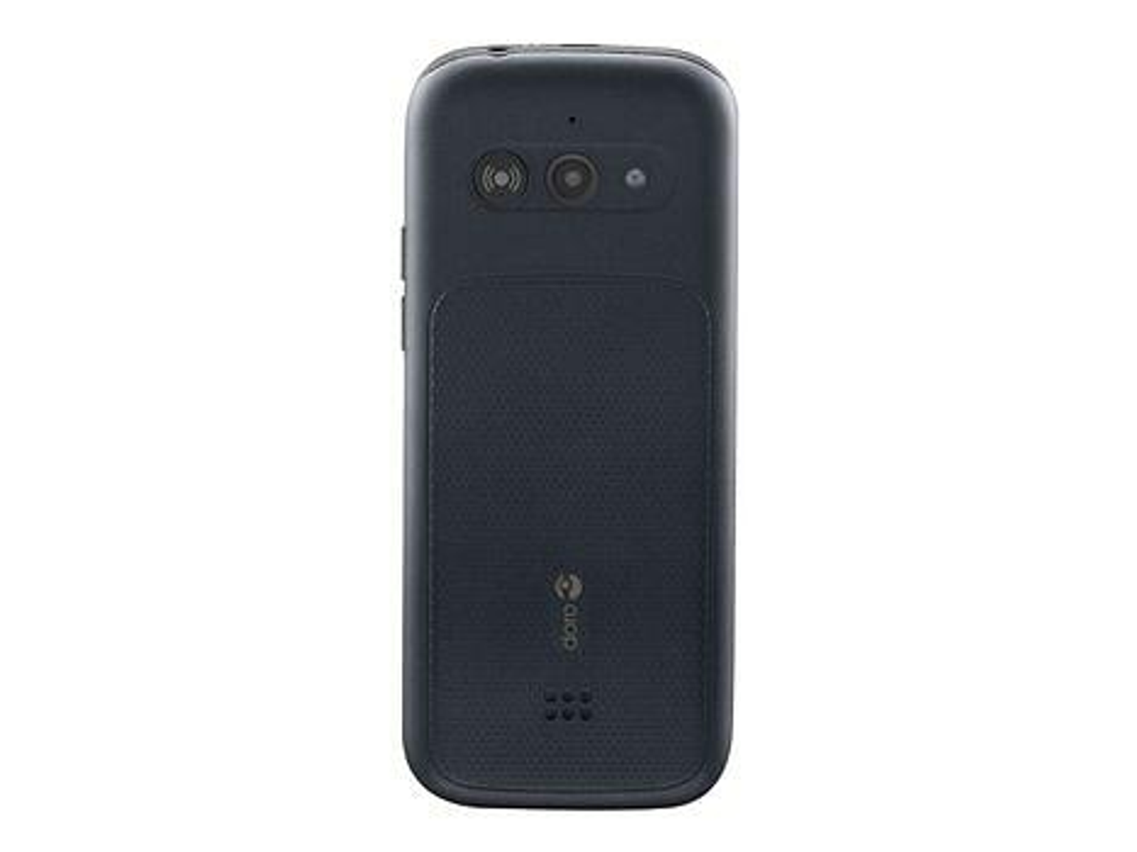 Il retro di un telefono Doro grigio scuro. Ci sono fotocamere e il logo Doro.