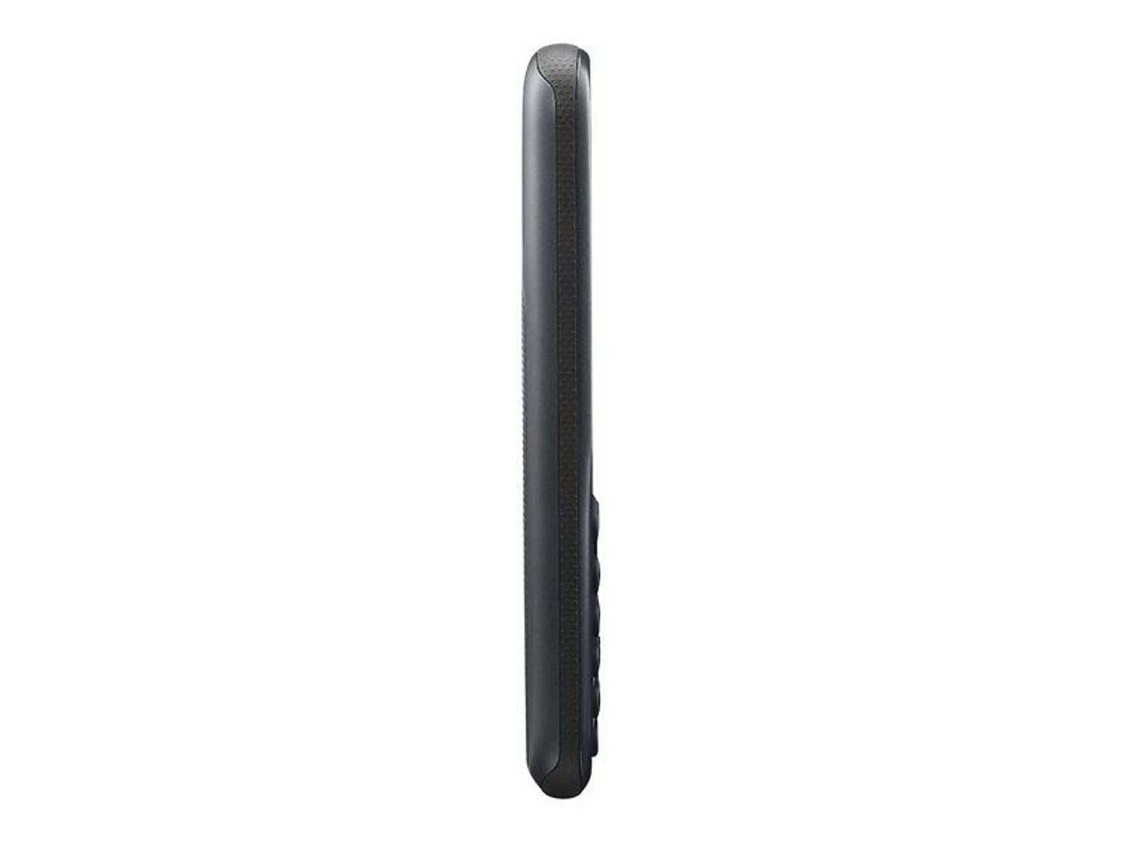 Una vista laterale di un telefono Doro grigio scuro. Il telefono è elegante e rettangolare.
