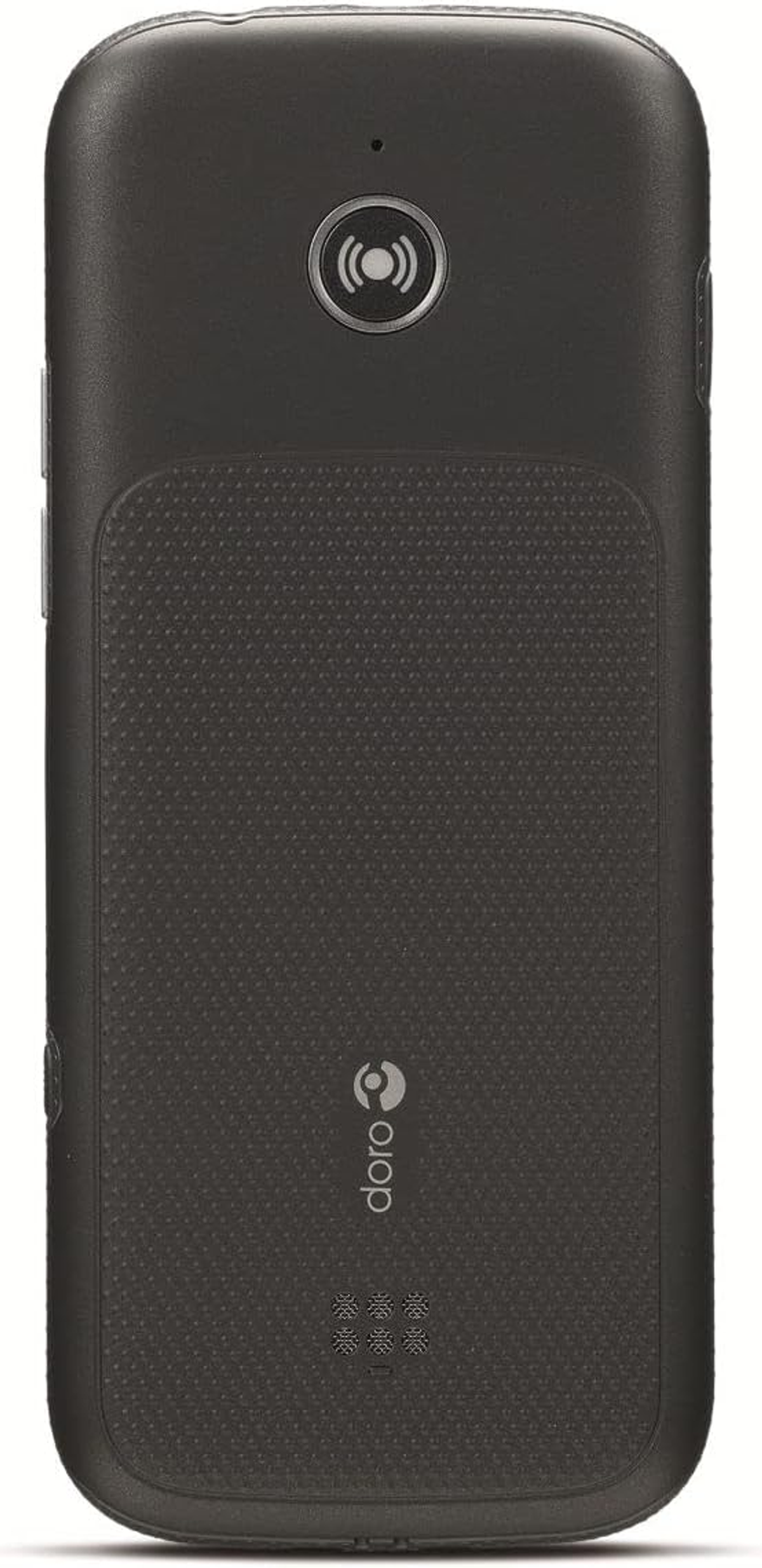 Schwarze Smartphone-Rückseite mit strukturierter Griffbereich, Kamera und Doro-Logo.