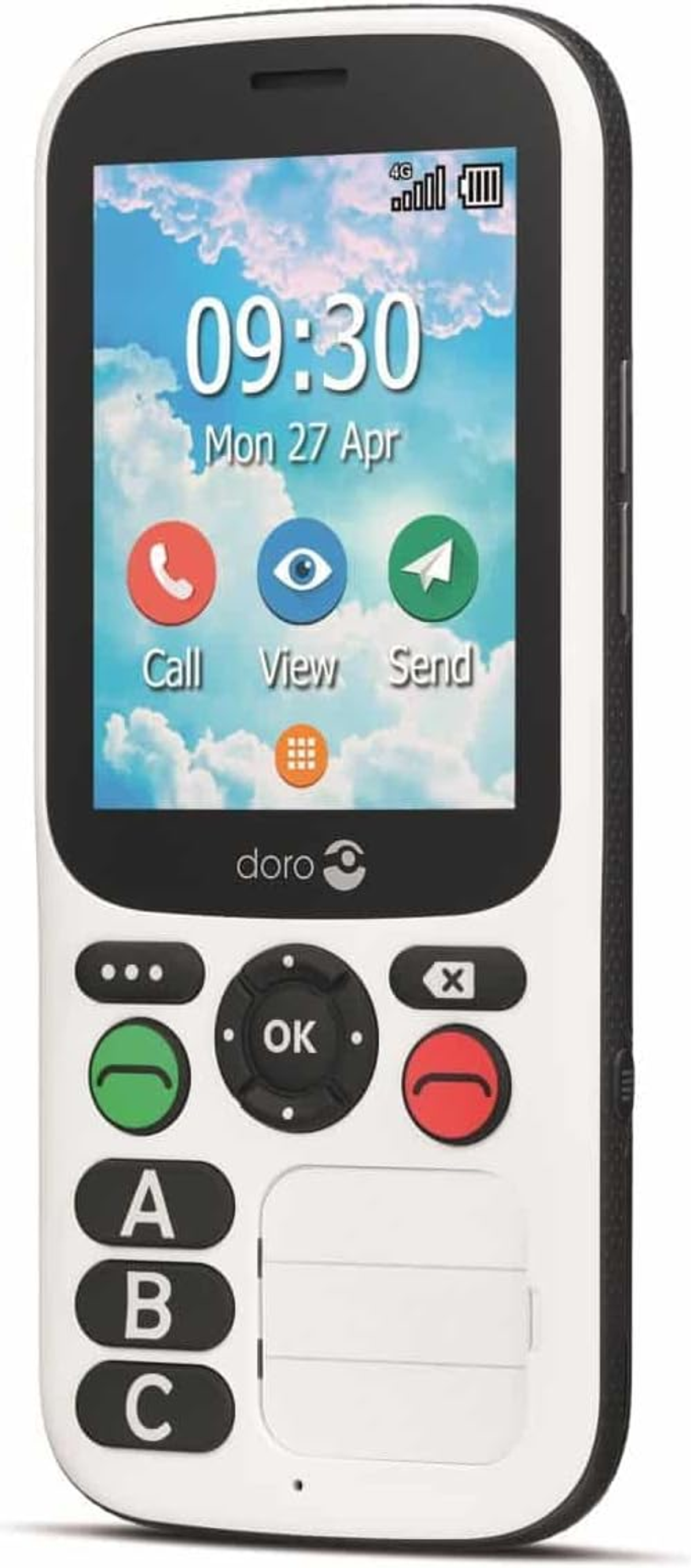 Weißes und schwarzes Doro-Telefon. Es hat einen großen Bildschirm, der Zeit und Symbole anzeigt.