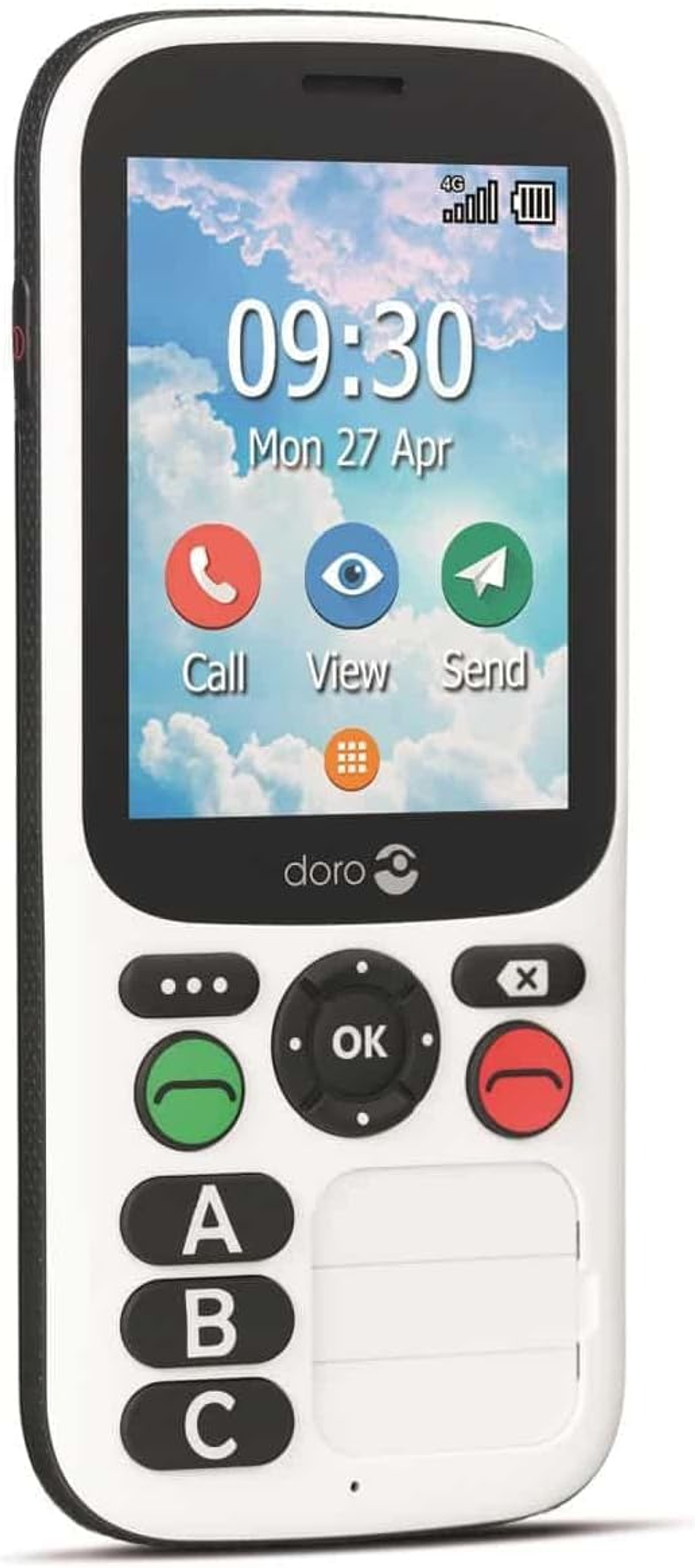 Weißes Mobiltelefon mit großen Tasten und Bildschirm mit Uhrzeit und Symbolen.