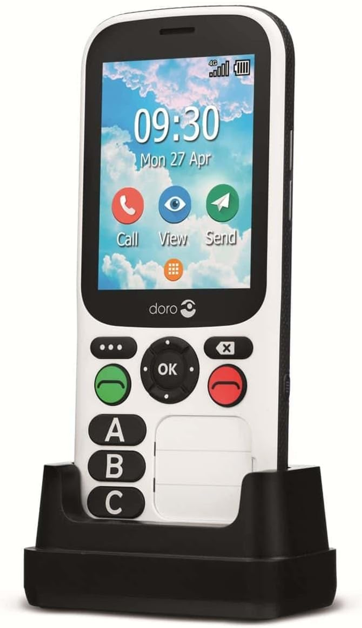Weißes Smartphone auf einer Dockingstation, zeigt eine benutzerfreundliche Oberfläche mit großen Symbolen.