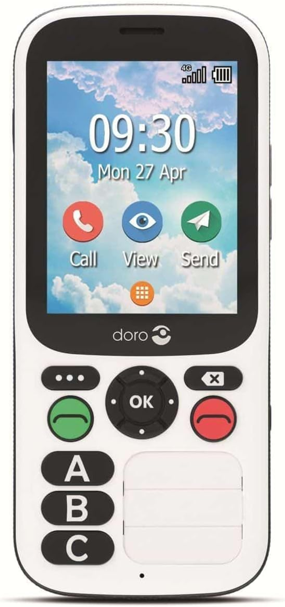 Weißes Mobiltelefon mit großen Tasten und Bildschirm mit Uhrzeit und Symbolen.