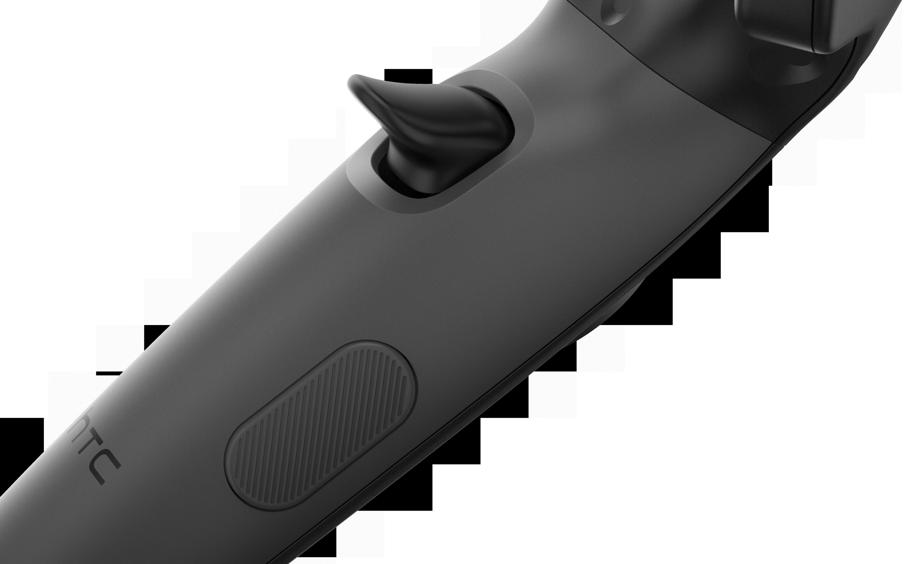 Nahaufnahme eines schwarzen HTC Vive Controllers mit Auslöser und HTC Logo auf der Oberfläche.