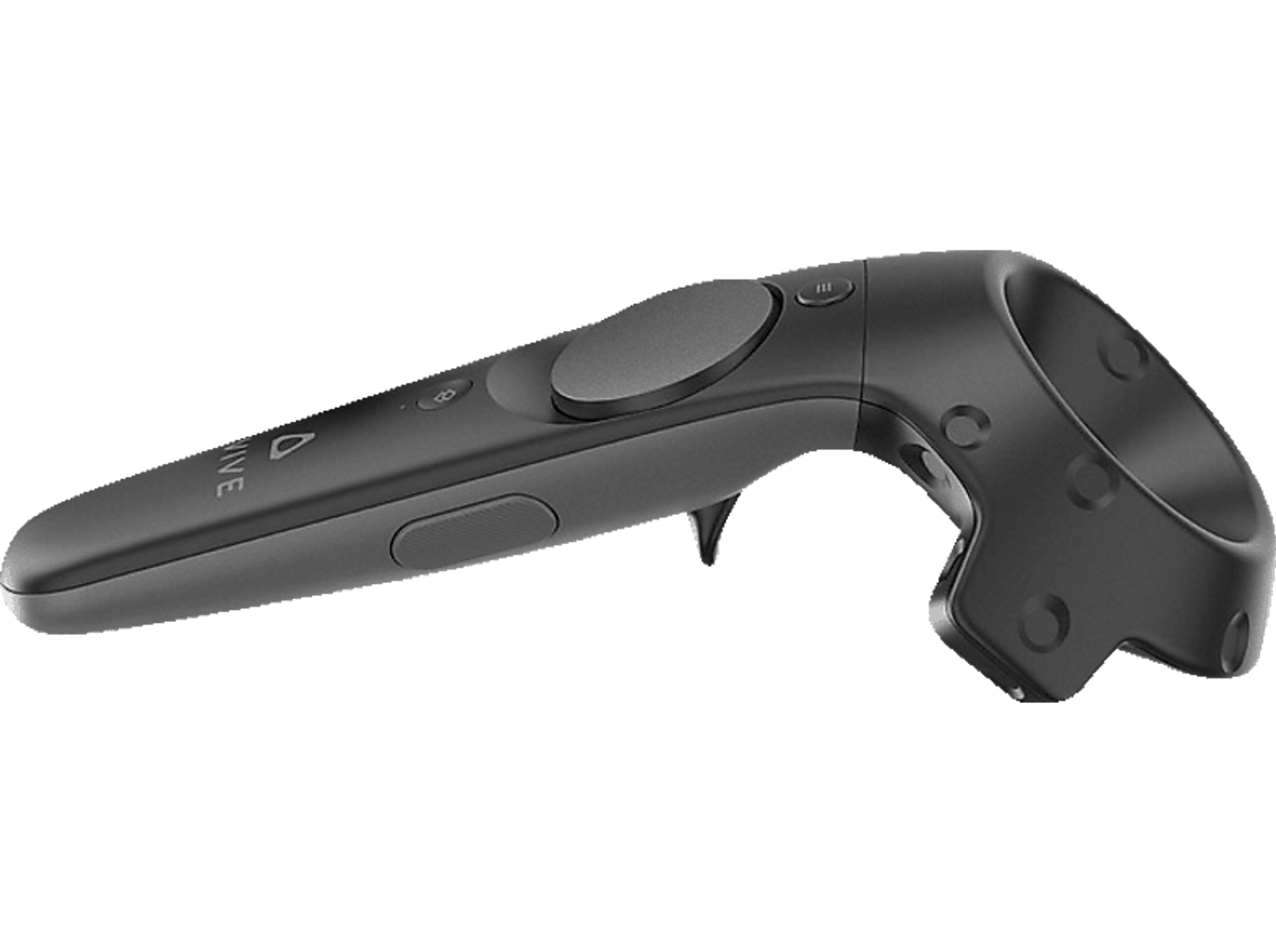 Schwarzer VR-Controller mit Knöpfen und einem Auslöser. Er hat das Wort 'VIVE' darauf.