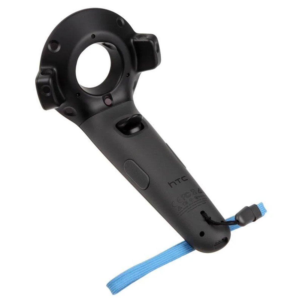 Schwarzer VR-Controller mit Riemen. Er hat einen Ringgriff und einen Knopf.