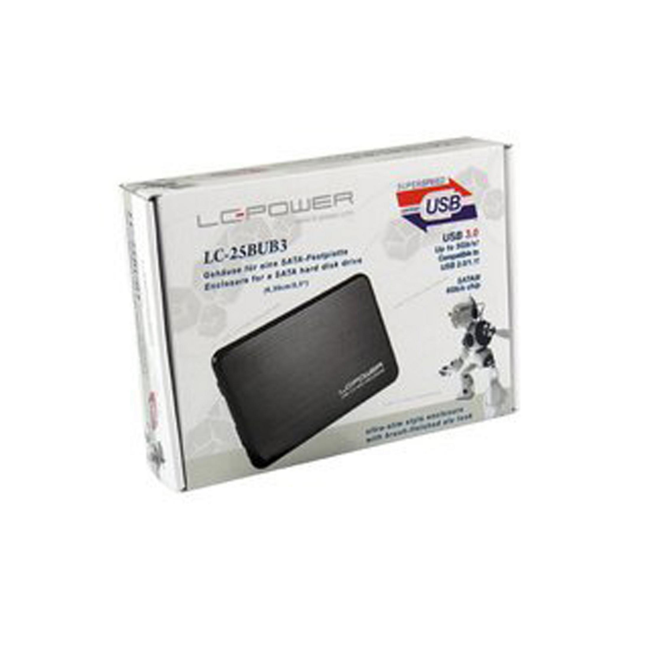 Eine weiße und graue Box mit einem Festplattengehäuse und den Logos 'LC-POWER' und 'USB 3.0'.