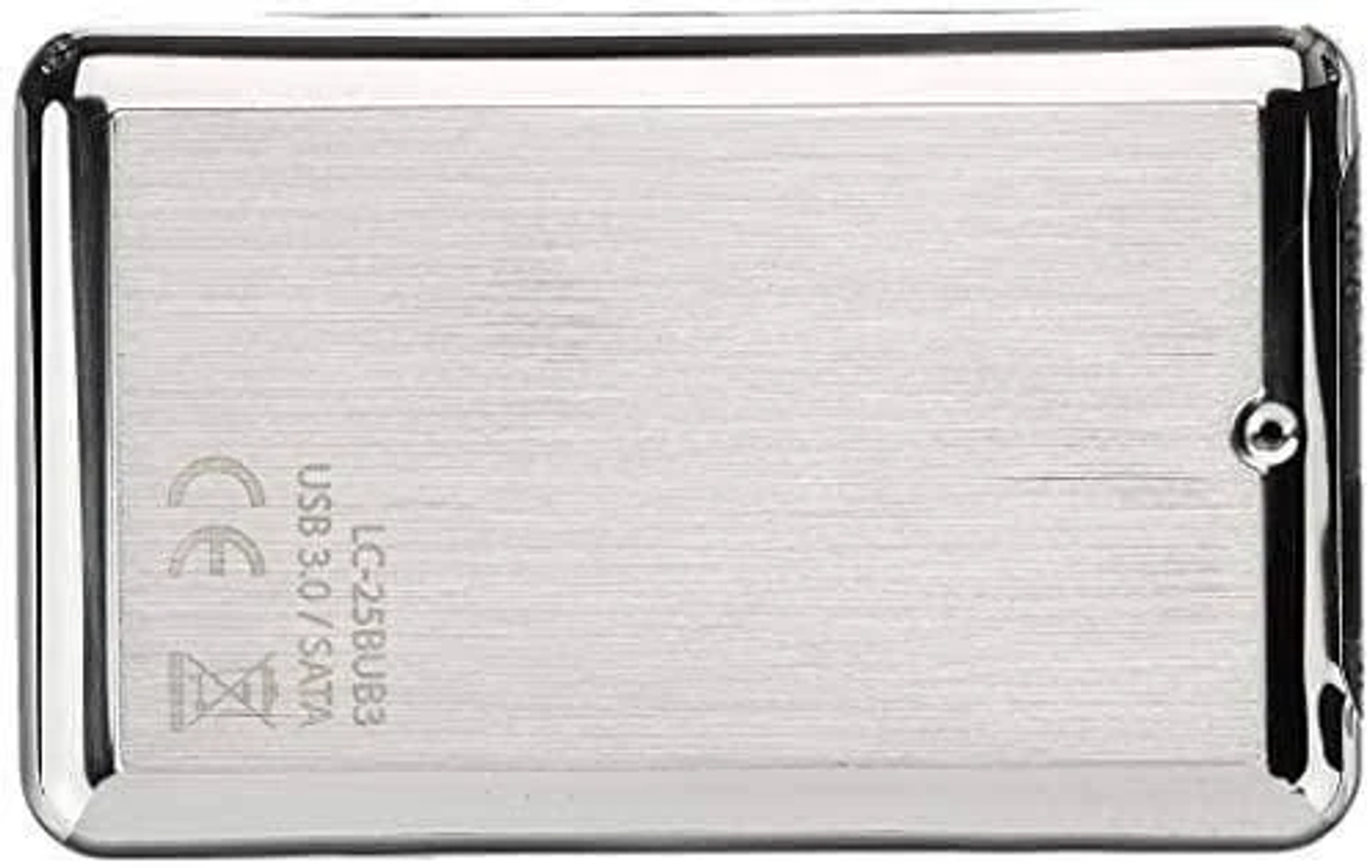 Silberne, rechteckige externe Festplatte mit USB 3.0/SATA-Etikett und CE-Zeichen.