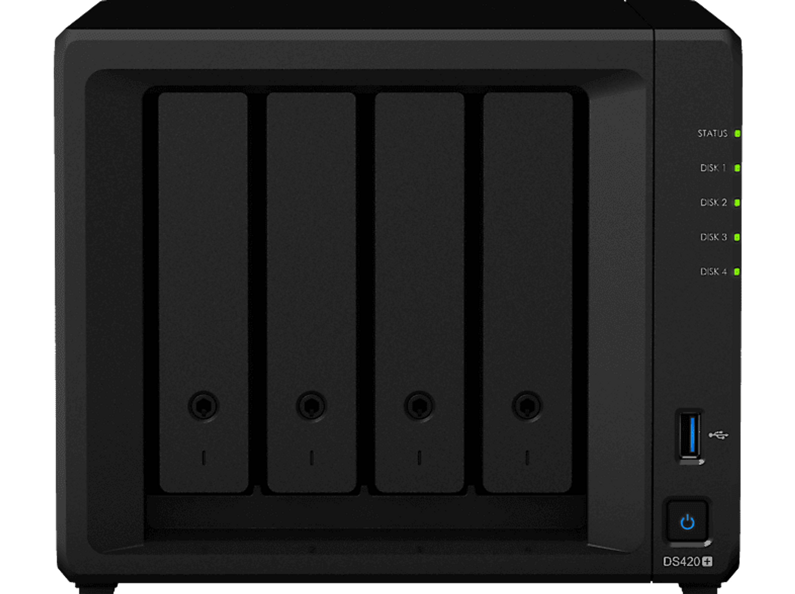 Schwarzes NAS mit vier Laufwerksschächten, Statusanzeigen, Strom- und USB-Anschlüssen, beschriftet mit DS420+.