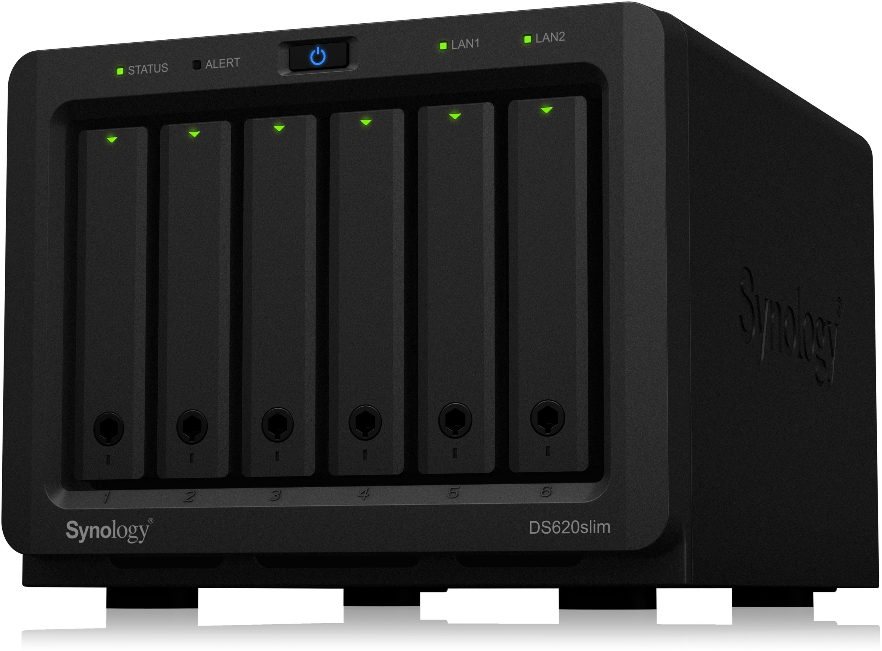 Czarny serwer Synology NAS z sześcioma zatokami. Świecą się zielone kontrolki stanu.