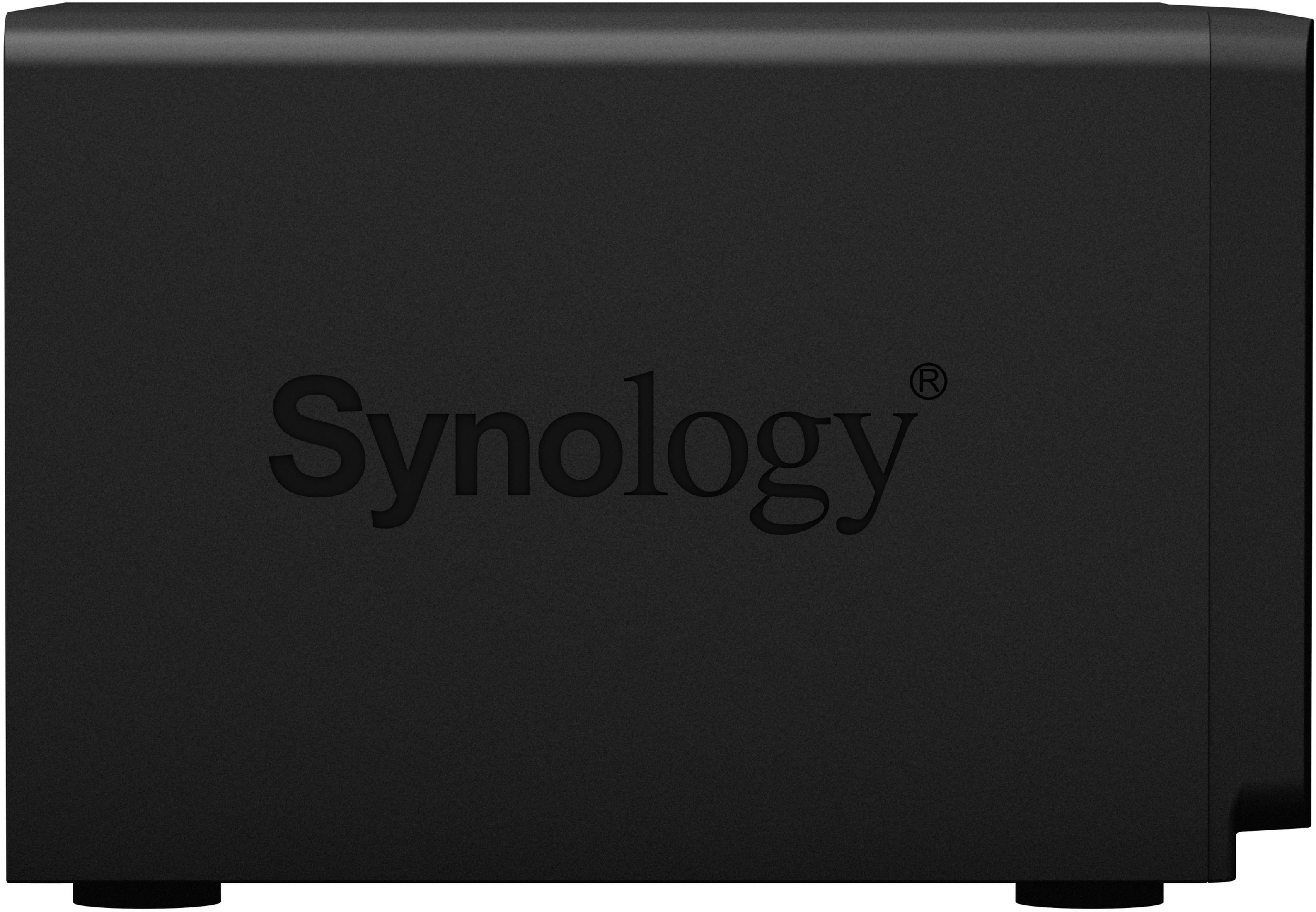 Czarne urządzenie NAS Synology z logo Synology z przodu.