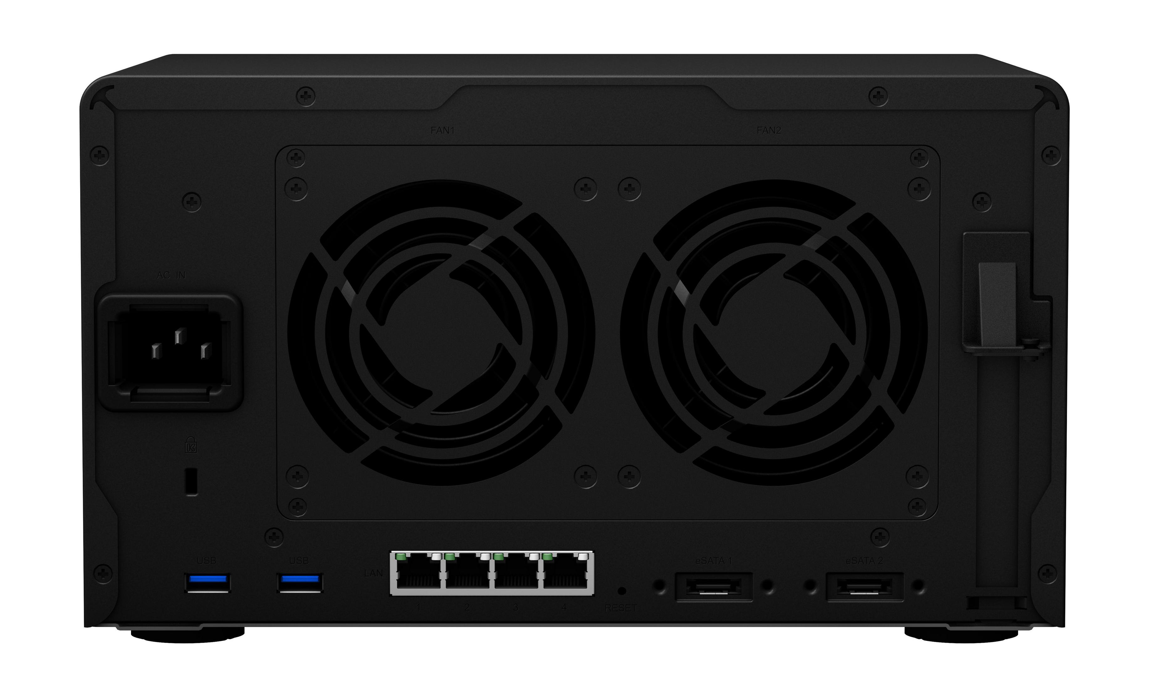 Servidor NAS negro, mostrando el panel trasero con ventiladores, puertos y alimentación.