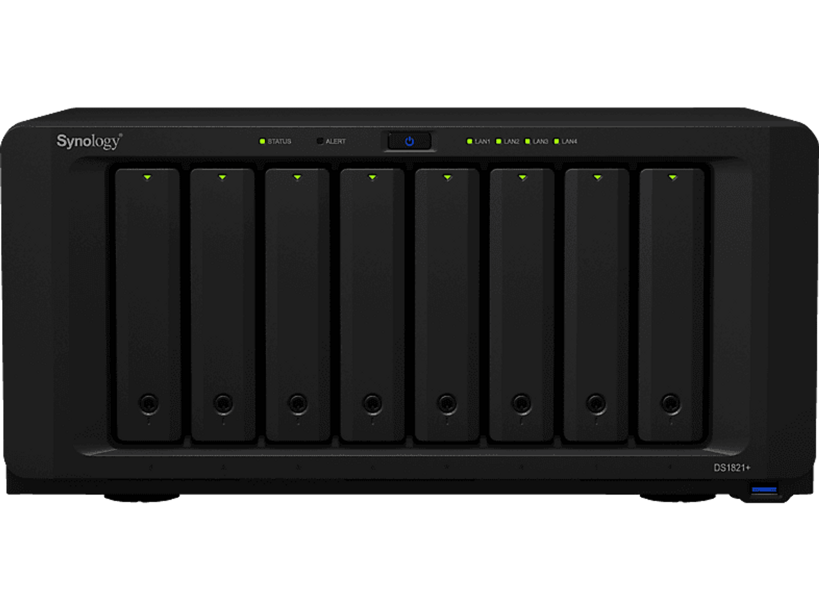 Servidor NAS negro con ocho bahías de disco, logotipo de Synology, luces de estado y puertos LAN. Fondo oscuro.