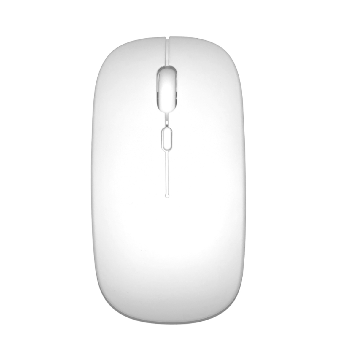 Un ratón inalámbrico blanco con diseño minimalista, vista superior sobre fondo blanco.