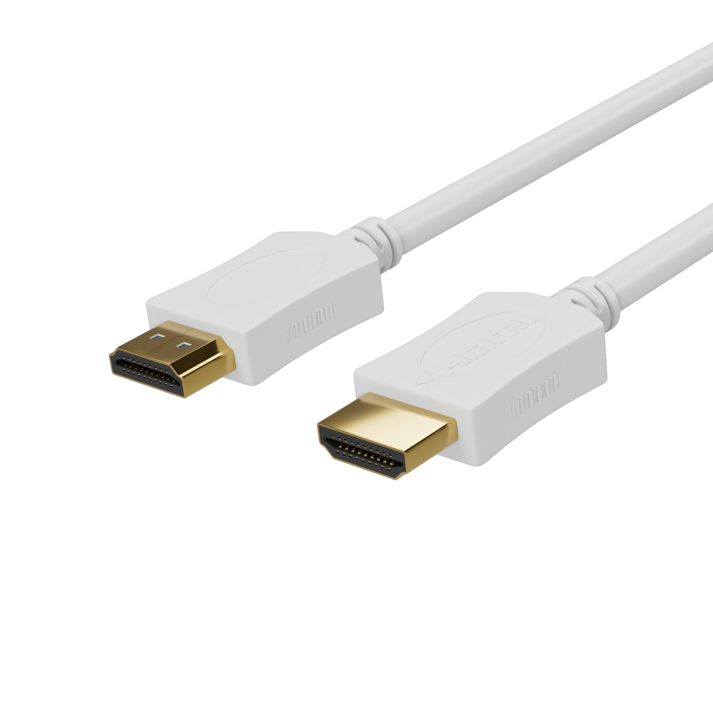 Zwei weiße HDMI-Kabel mit goldenen Steckern. Weißer Hintergrund.