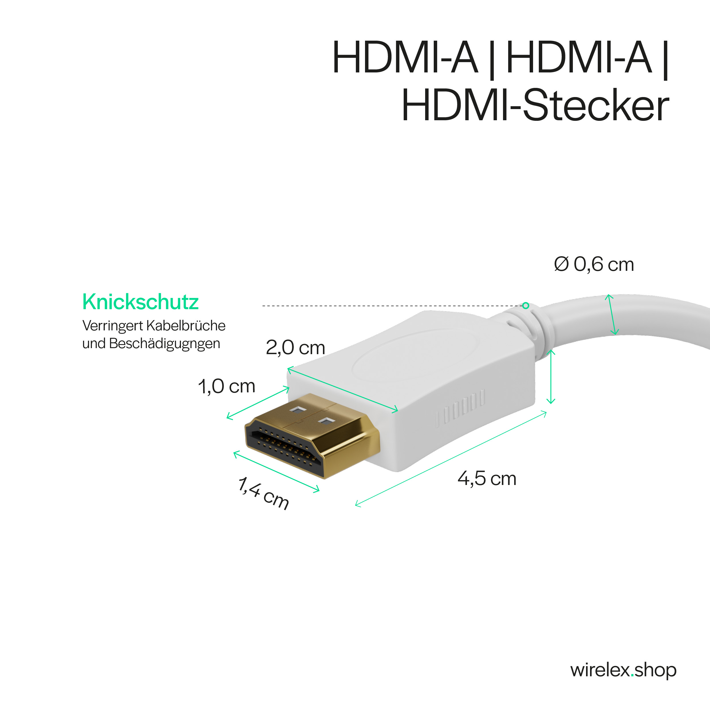 Weißes HDMI-Kabel mit Maßen und Text auf Deutsch.