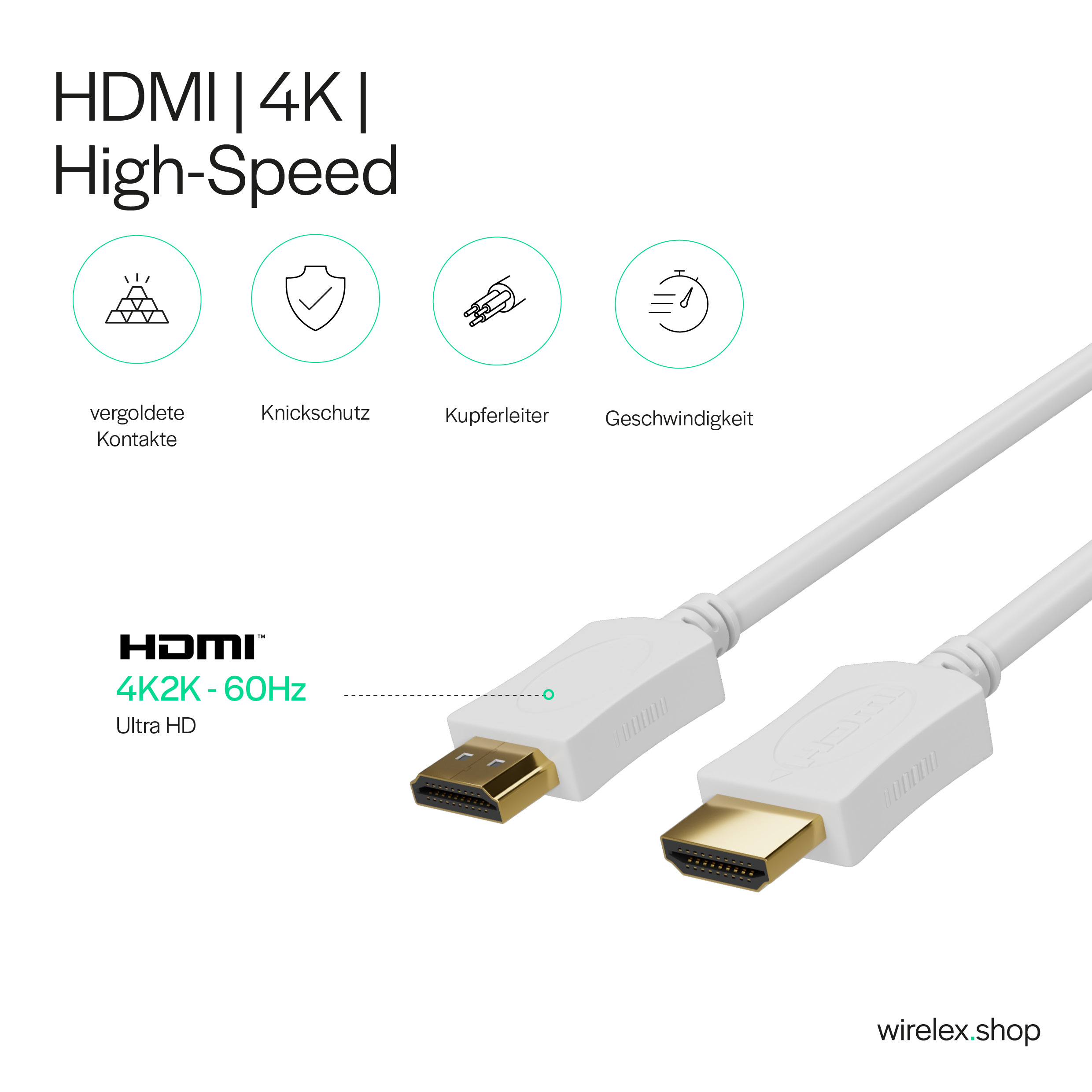 Weißes HDMI-Kabel mit vergoldeten Steckern und Symbolen, die Funktionen anzeigen.