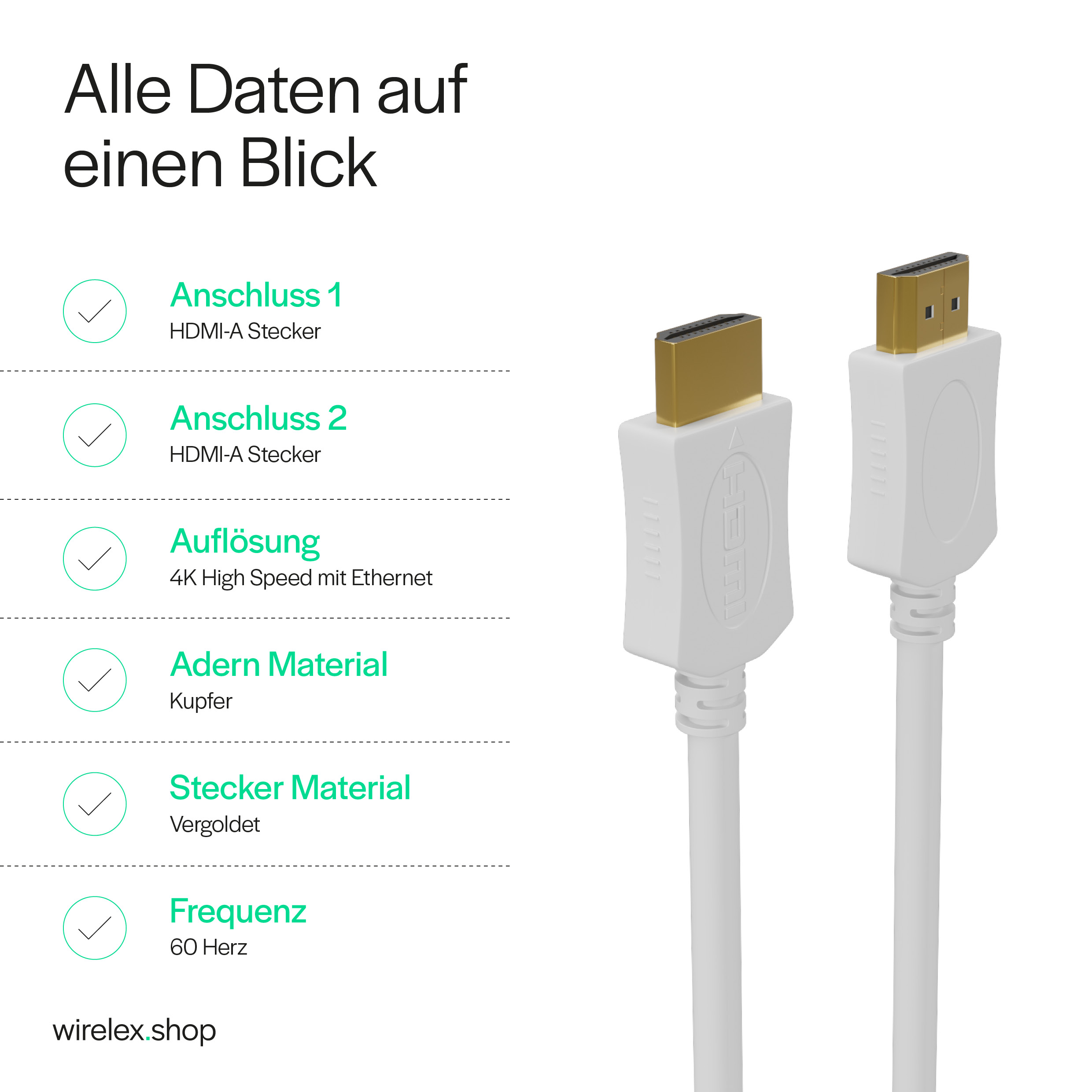 HDMI-Kabel neben einer Liste von Funktionen auf Deutsch.