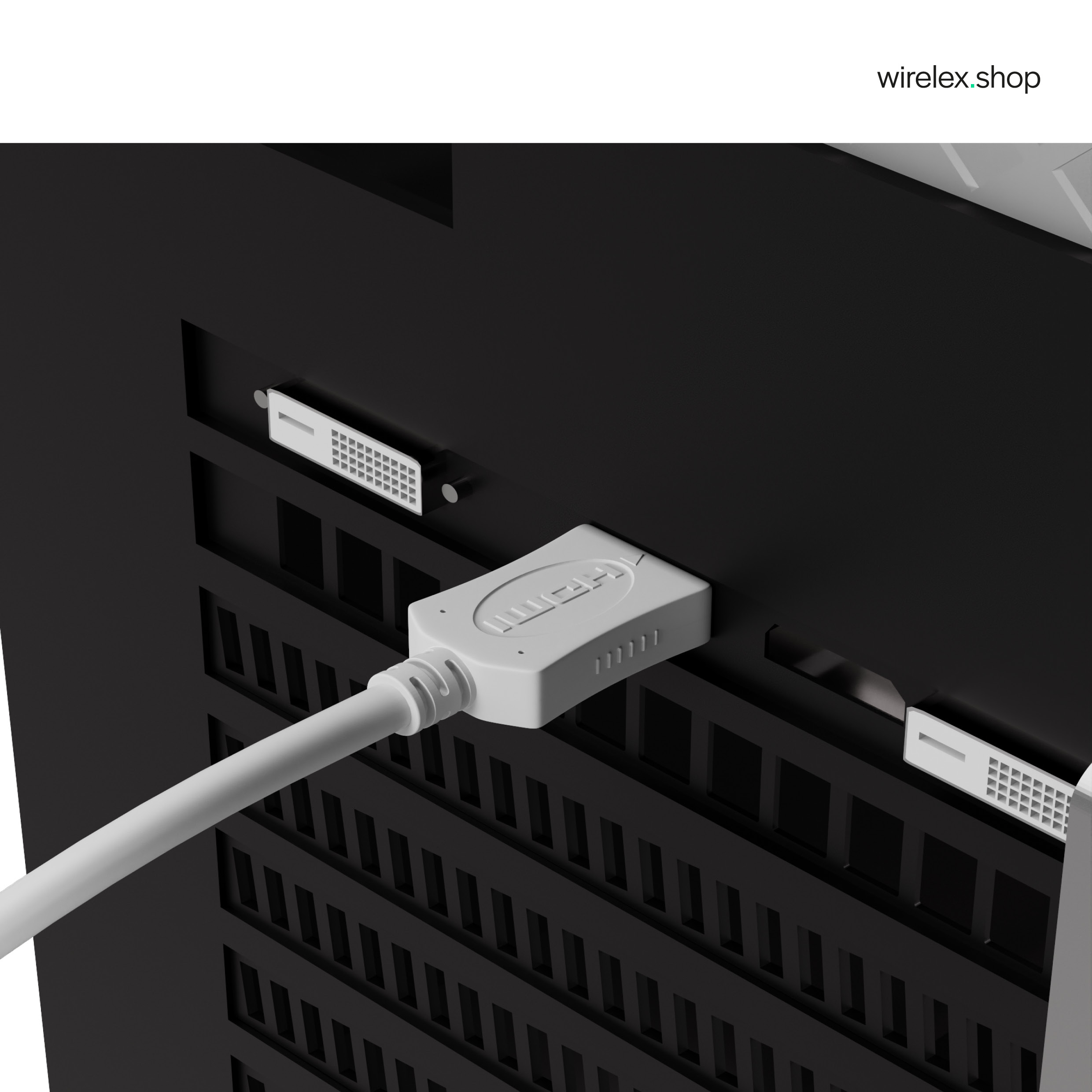 Nahaufnahme der Rückseite eines schwarzen Computers mit eingestecktem weißen HDMI-Kabel. wirelex.shop.