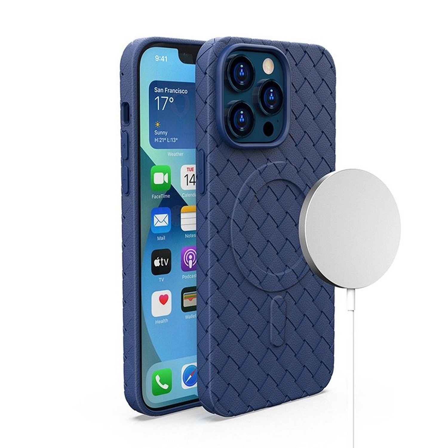 Blaue Handyhülle mit Webmuster, ein Telefon und ein weißes magnetisches Ladegerät.