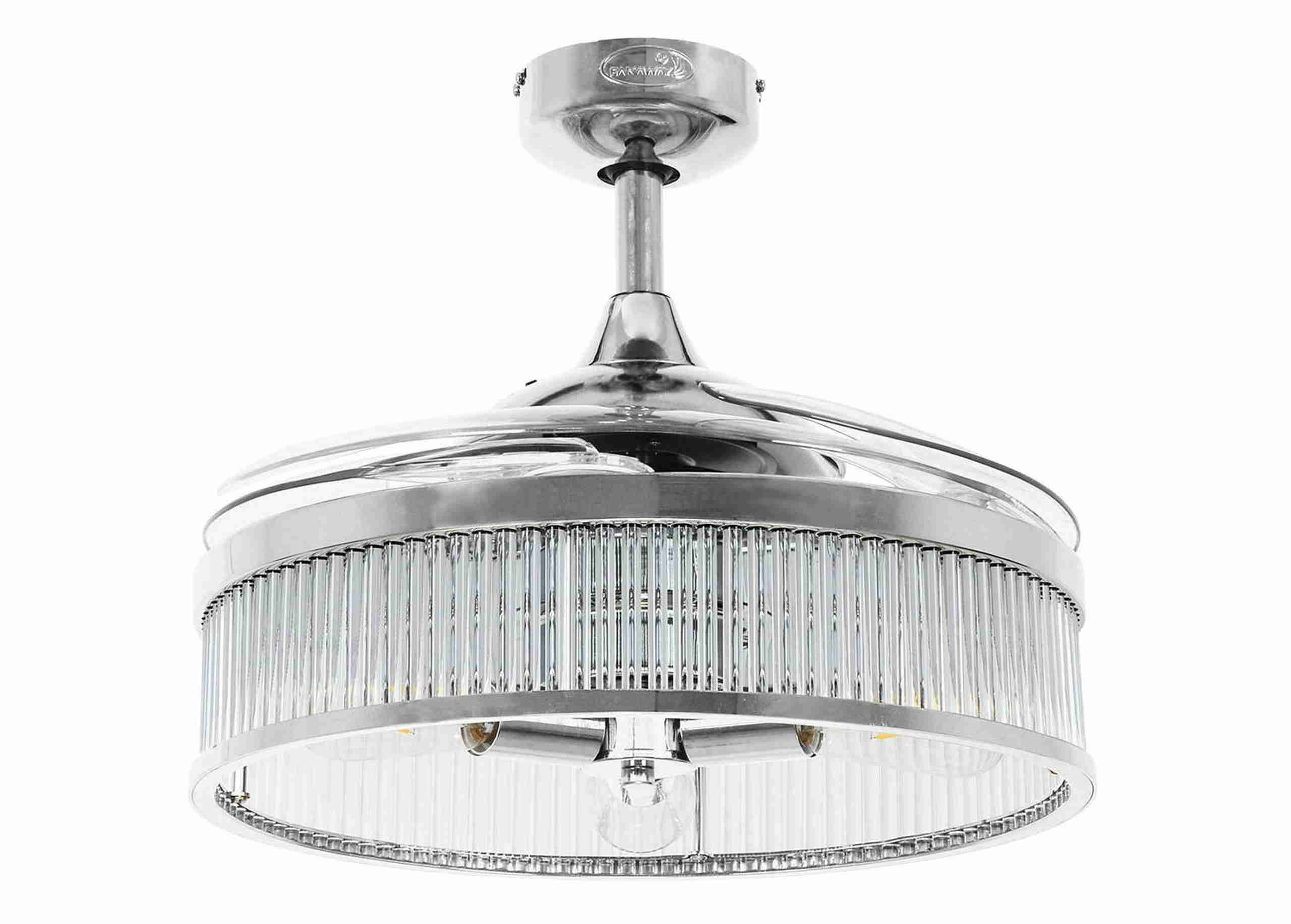 Deckenventilator mit Lichtern, Chrom-Finish, Klarglas.