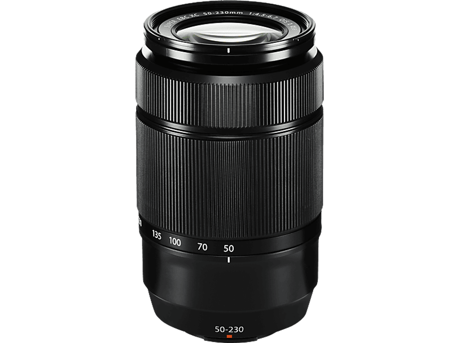 Czarny obiektyw z białym tekstem na czarnym tle. Ma pierścienie, liczby i soczewkę.