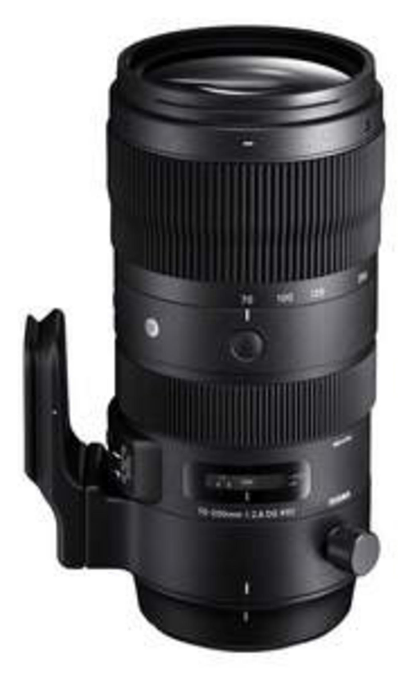 Ein schwarzes Sigma-Kameraobjektiv mit Zoomring, Fokusring und Halterung.