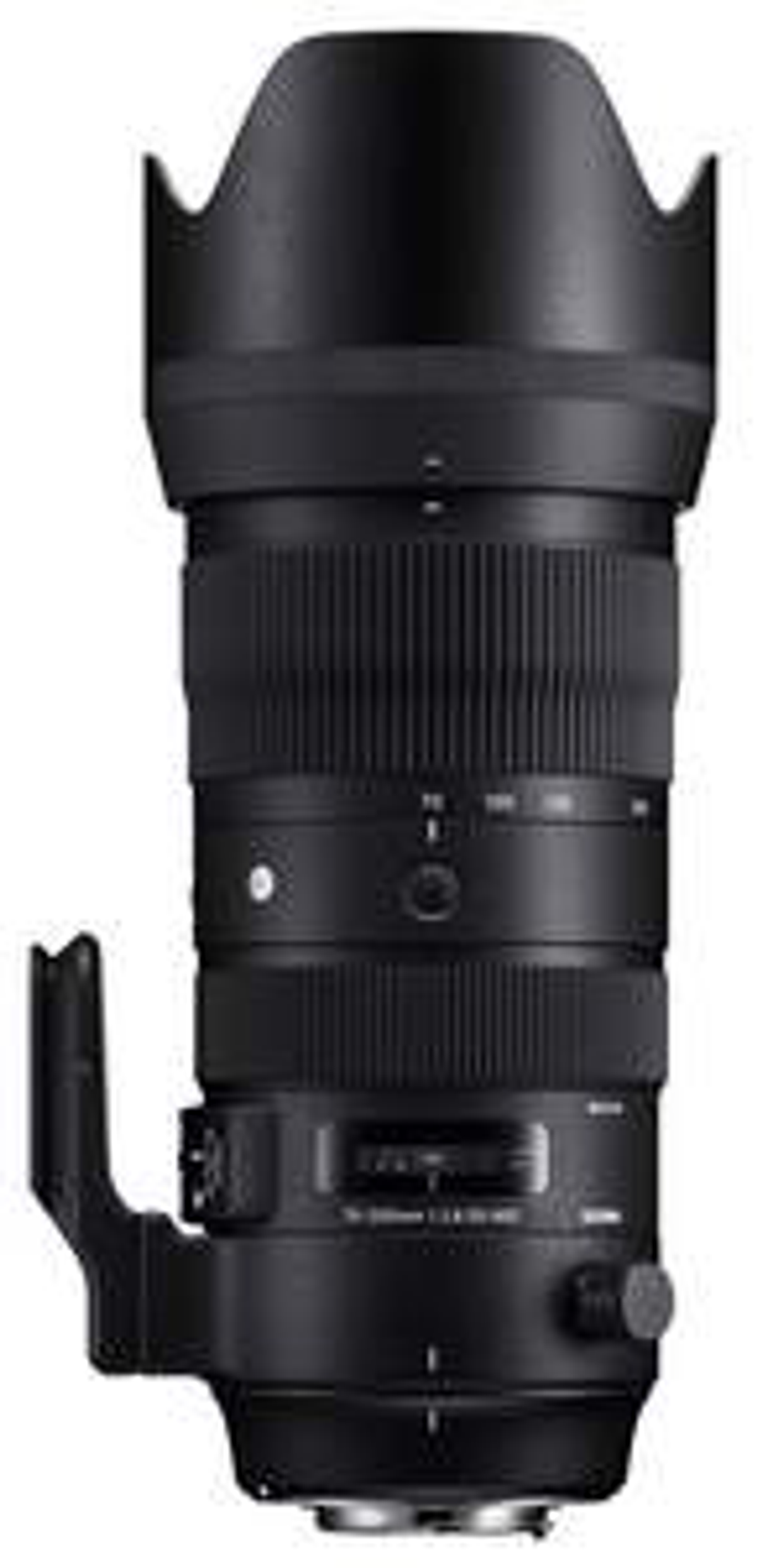 Schwarzes Sigma 70-200mm Objektiv mit angesetzter Gegenlichtblende. Hat Ringe und Zahlen. Weißer Hintergrund.