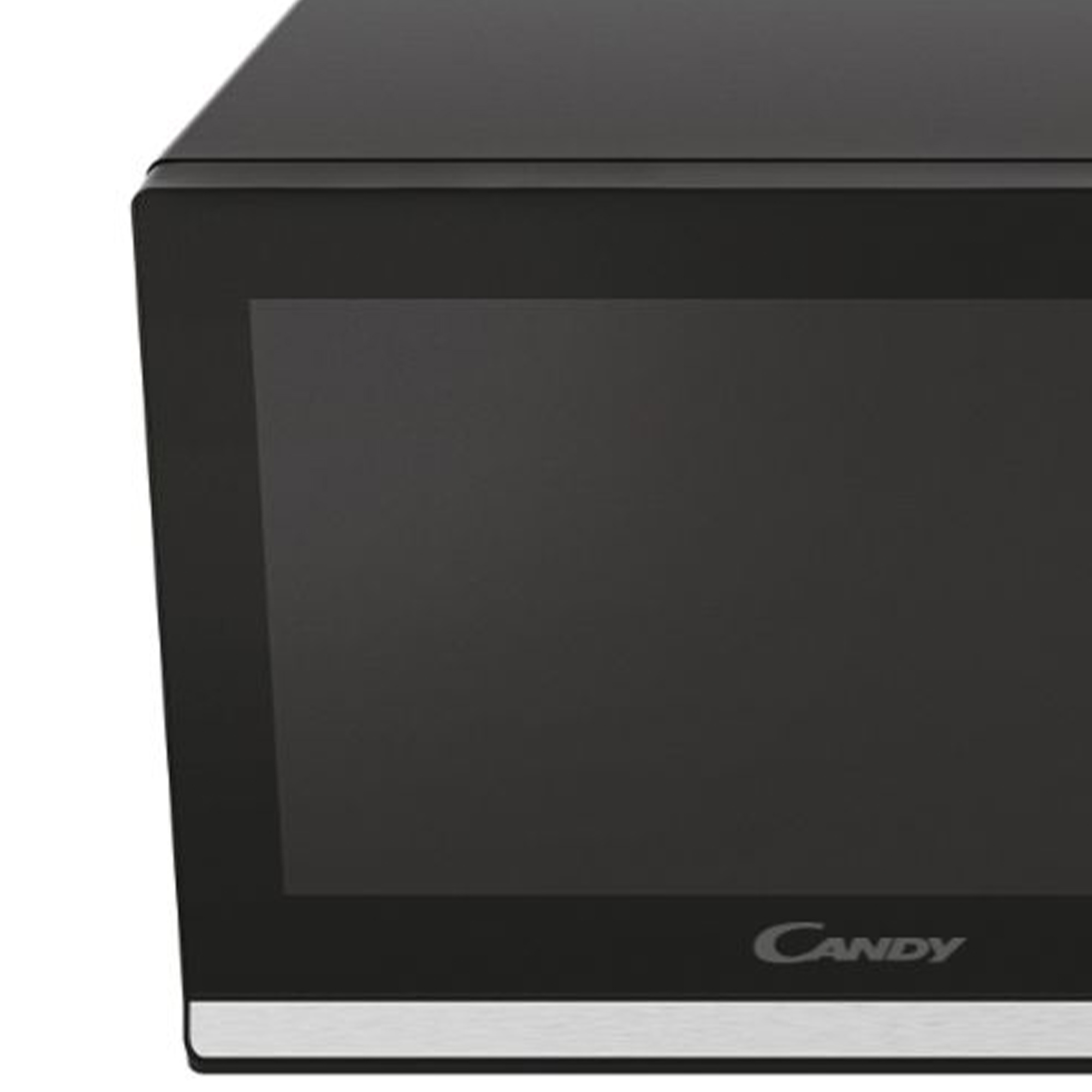 Narożnik czarnej kuchenki mikrofalowej. Wyświetla markę "Candy" na dole.