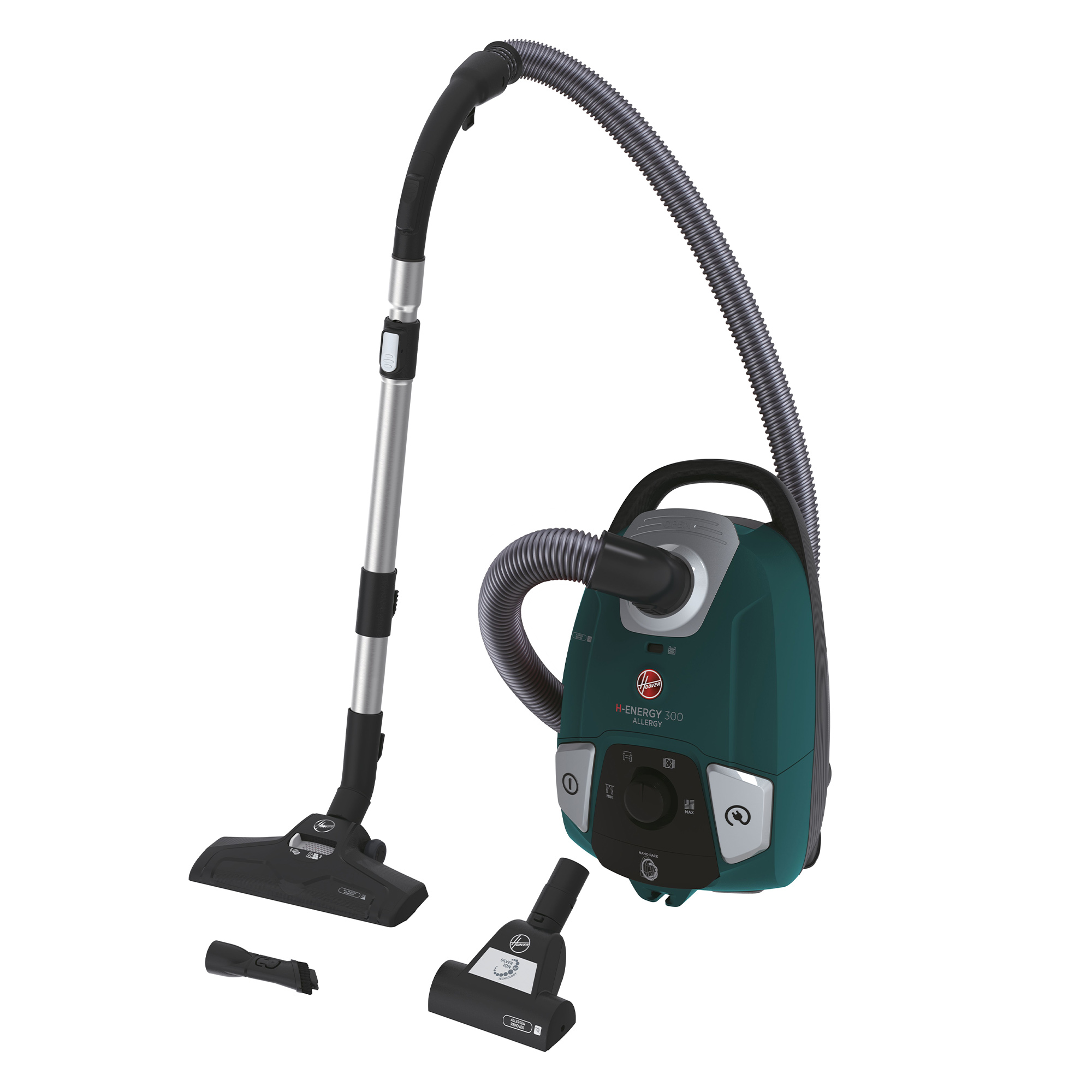 Zielony i czarny odkurzacz Hoover z przystawkami. Srebrna przedłużka jest widoczna.