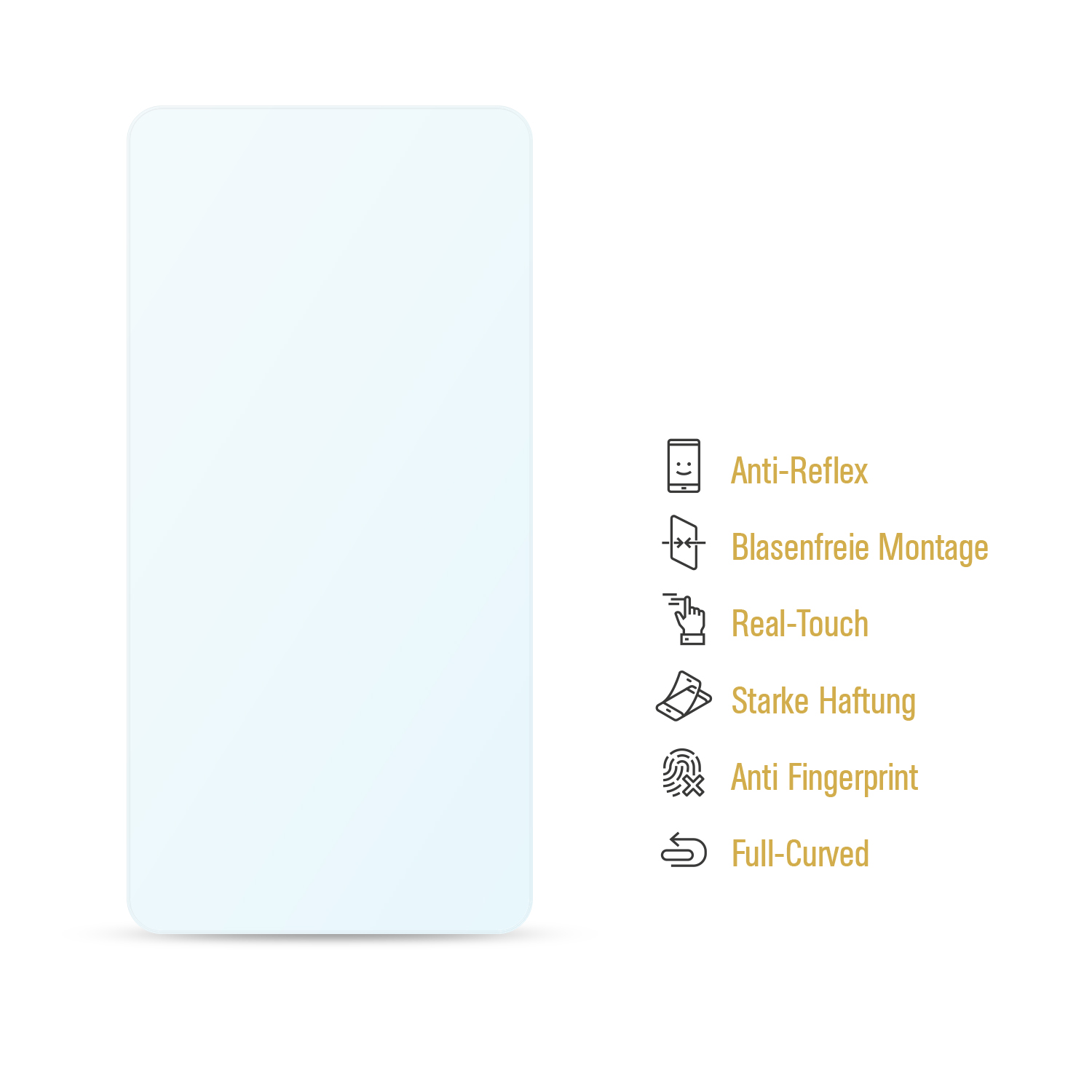 Ein klarer Displayschutz mit Symbolen: entspiegelt, blasenfrei, echtes Gefühl, starker Halt, Anti-Fingerabdruck.
