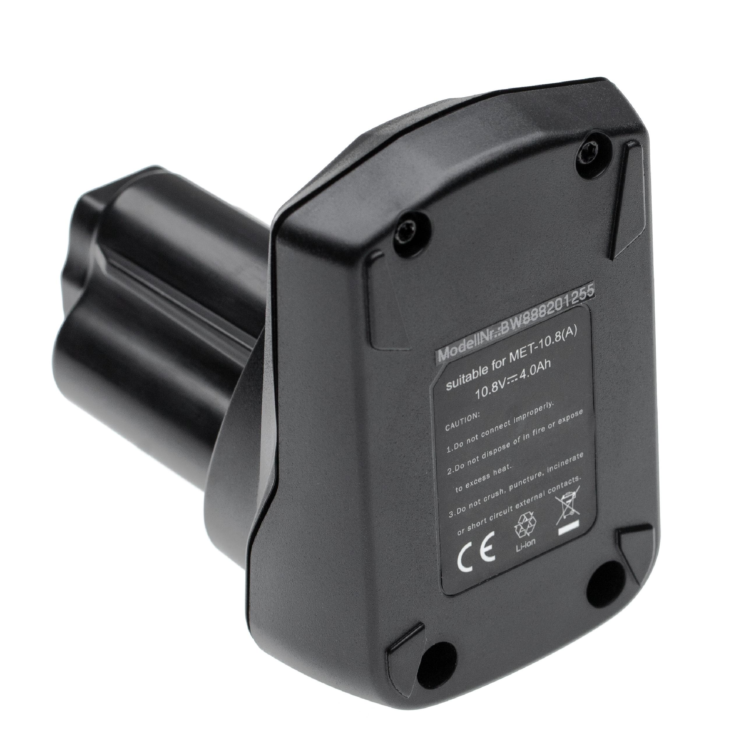Eine schwarze Batterie mit Text und einem weißen Stecker. Die Batterie ist für MET-10.8(A) 10,8 V 4,0 Ah geeignet.