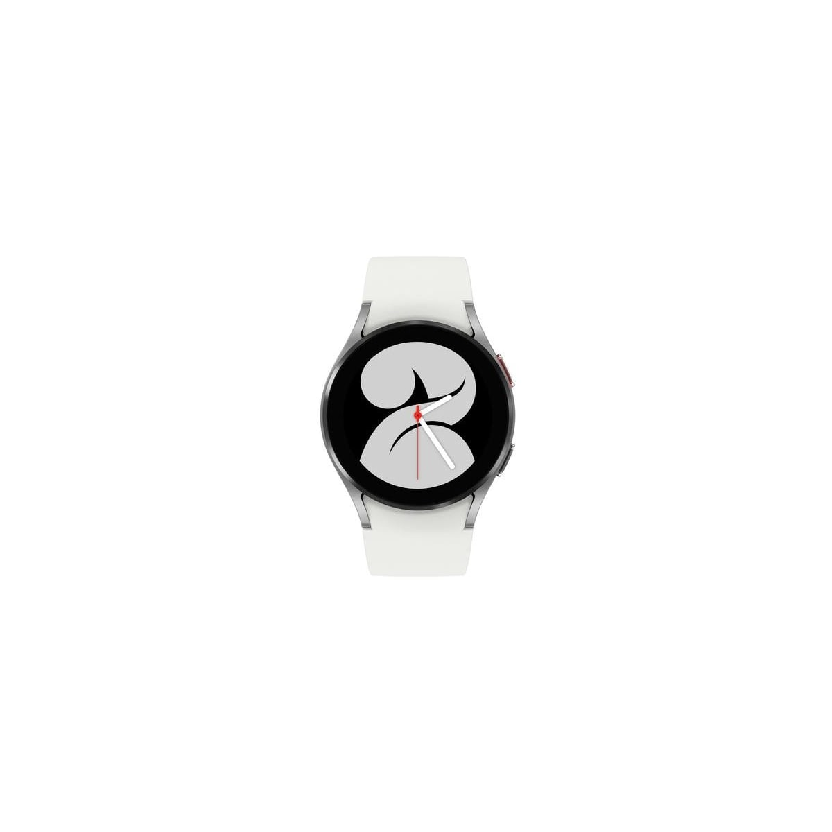 Smartwatch bianco con schermo nero che mostra un quadrante. Sfondo bianco.