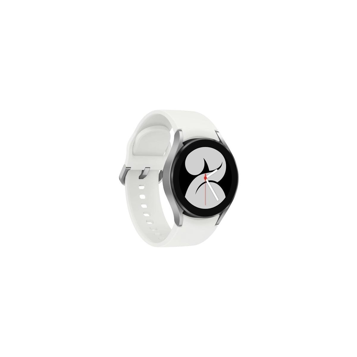 Orologio Samsung Galaxy Watch bianco con cinturino bianco. L'orologio mostra un quadrante con lancette rosse.
