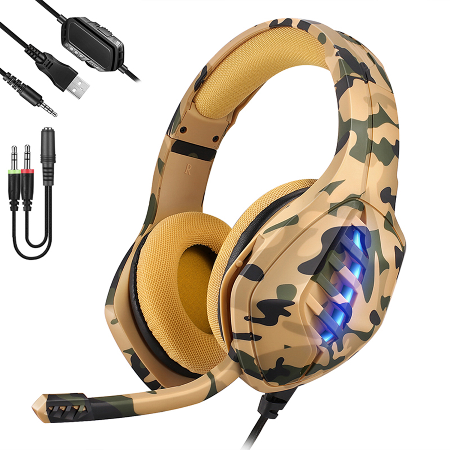 Auriculares para juegos con diseño de camuflaje, con micrófono, cables y conectores.
