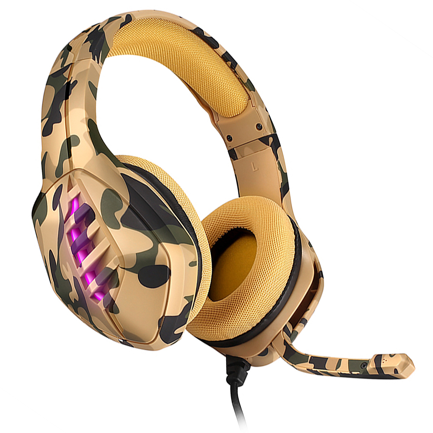 Auriculares de camuflaje con almohadillas amarillas, un micrófono y luces moradas.